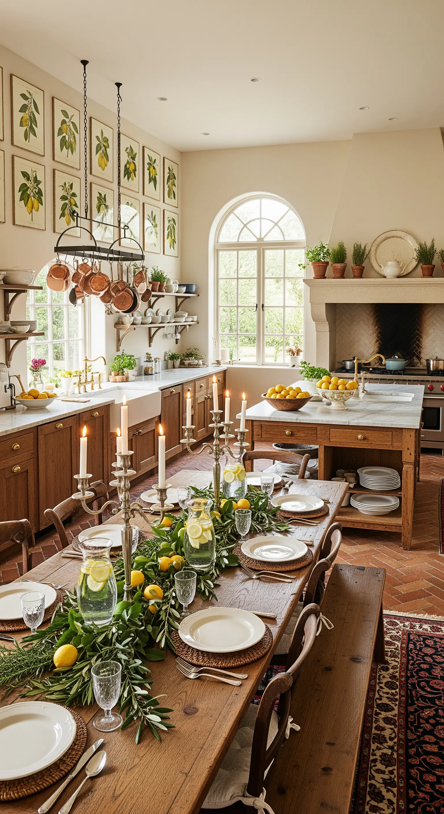Langer Holztisch mit grüner Zitronengirlande und Kerzenlicht