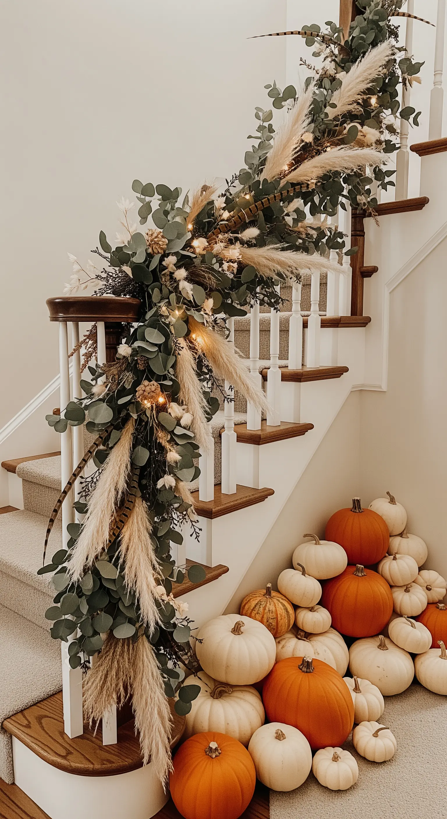 Treppengeländer mit üppiger Girlande aus Eukalyptus, Pampasgras und Lichterkette.
