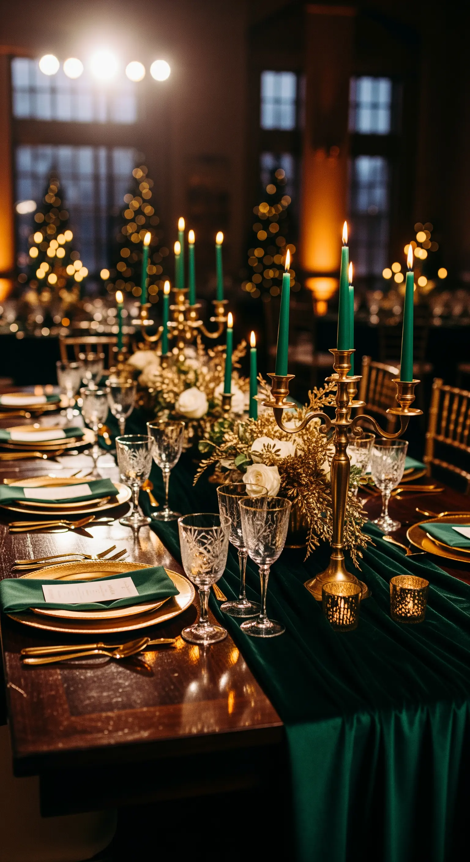 Festlicher Tisch mit smaragdgrünem Samtläufer, goldenen Leuchtern, grünen Kerzen und weißen Rosen.