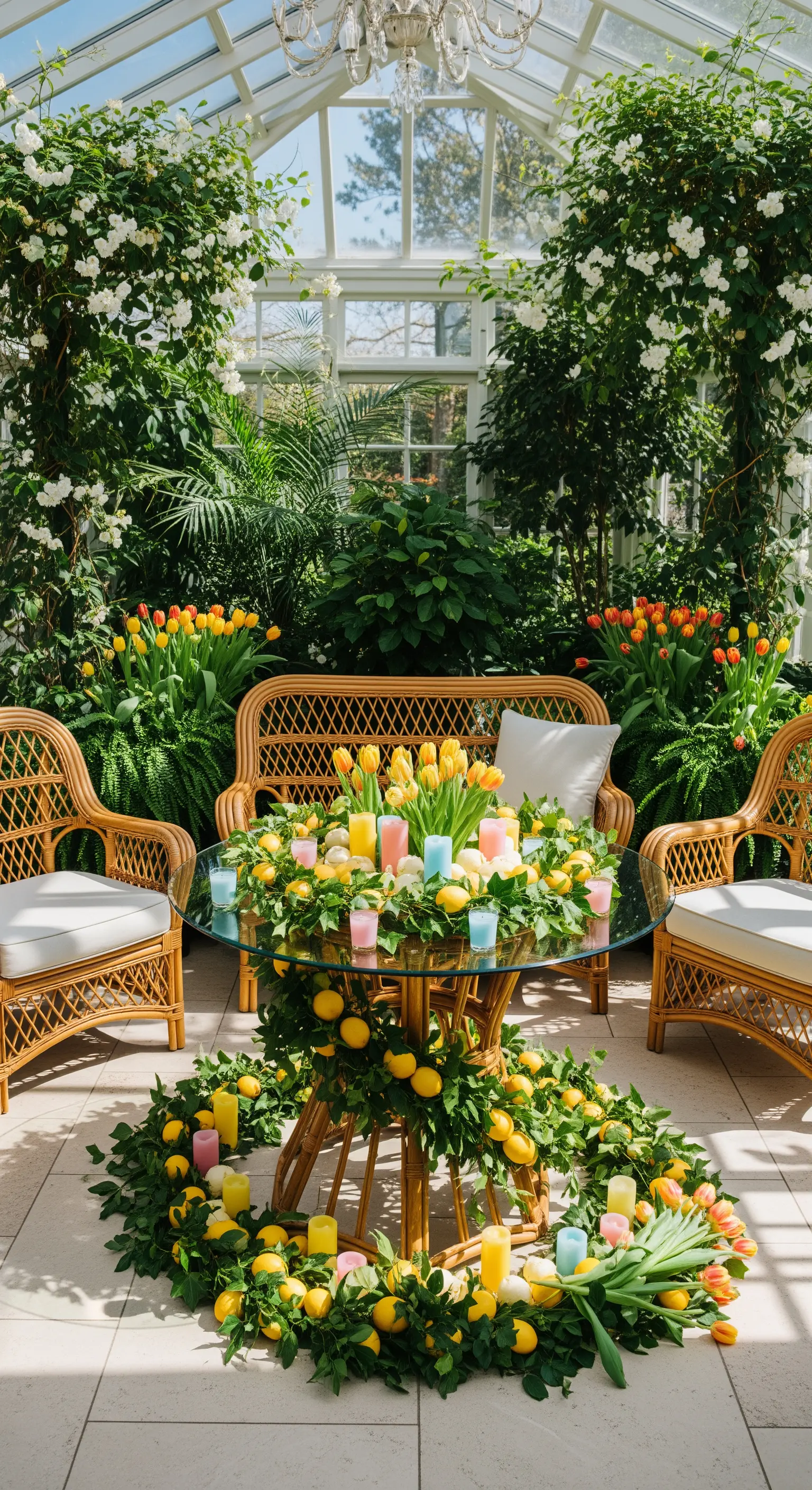 Opulente Zitronen- und Tulpenkränze auf und um einen runden Tisch in einem Wintergarten