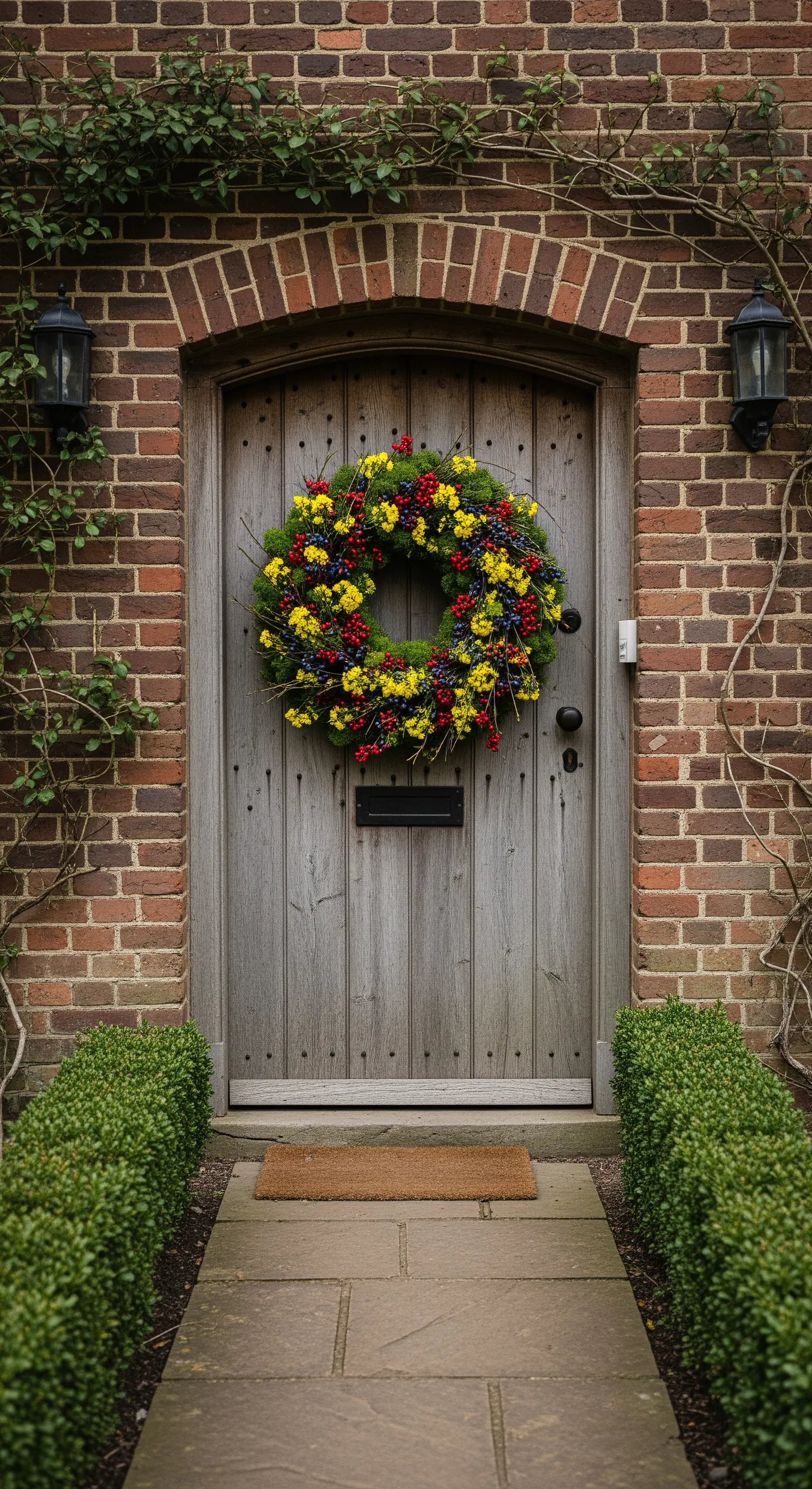 Beeren-Blütenkranz in Gelb und Rot auf rustikaler Holztür eines Backsteinhauses