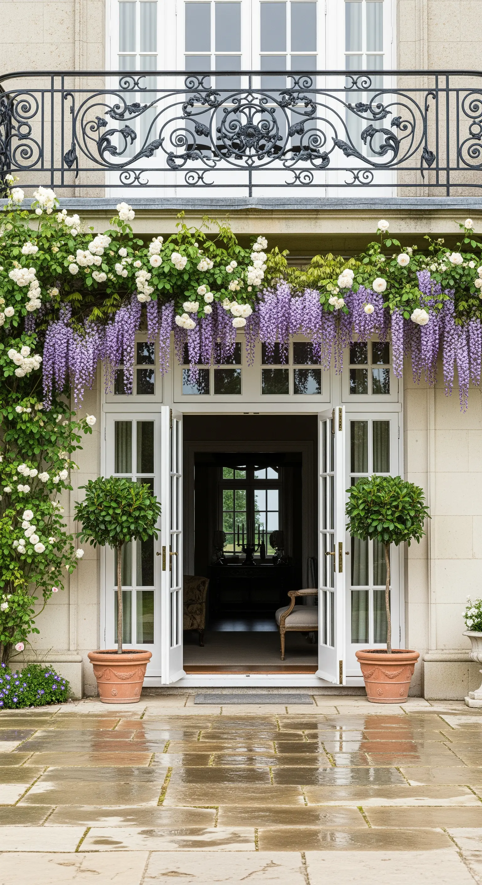 Hauseingang, Kletterrosen, Glyzinie, weiß-violette Blüten, opulente Fassade