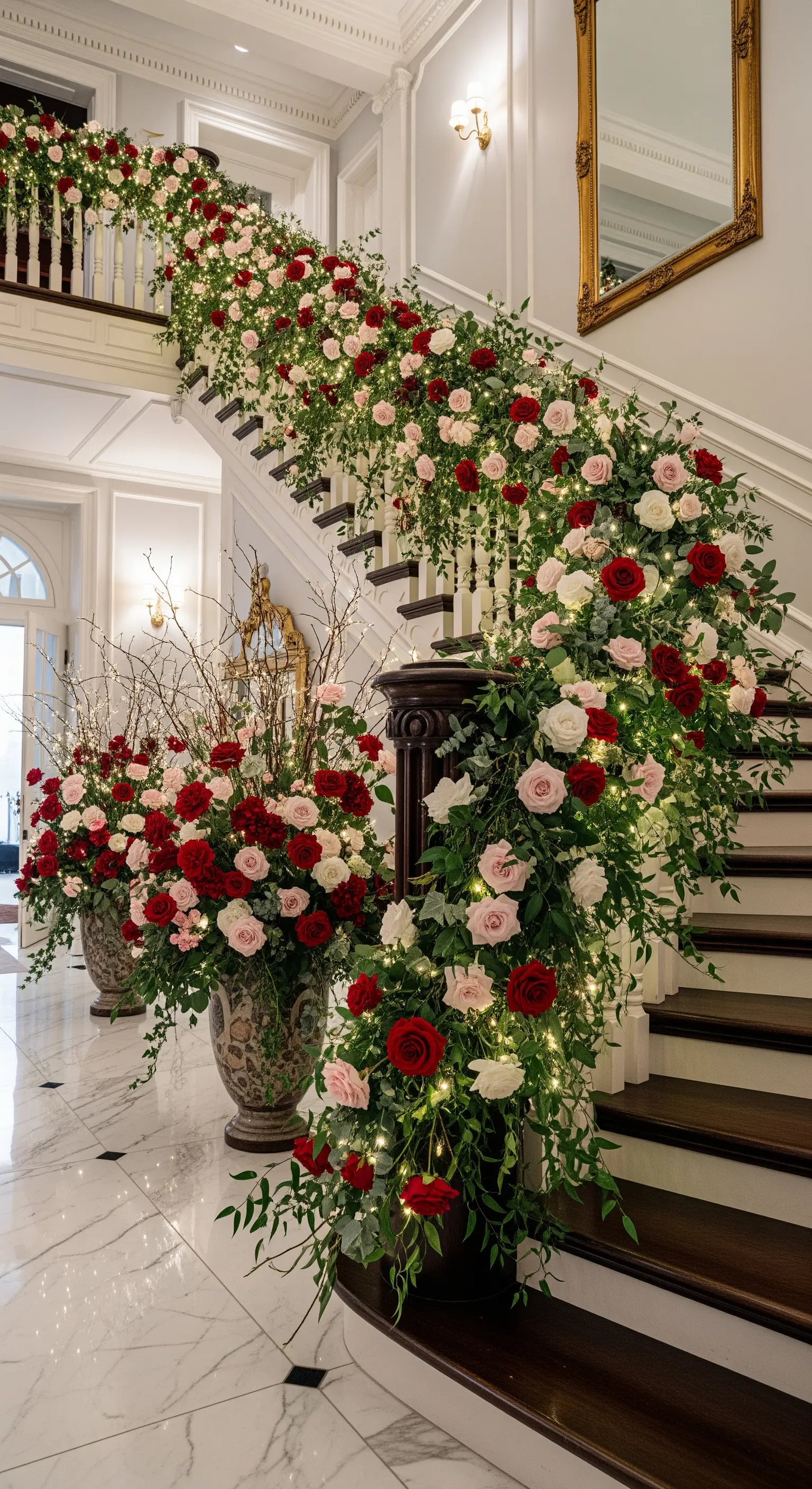 Prunkvolle Treppe, geschmückt mit einer riesigen Rosengirlande und Lichterketten.
