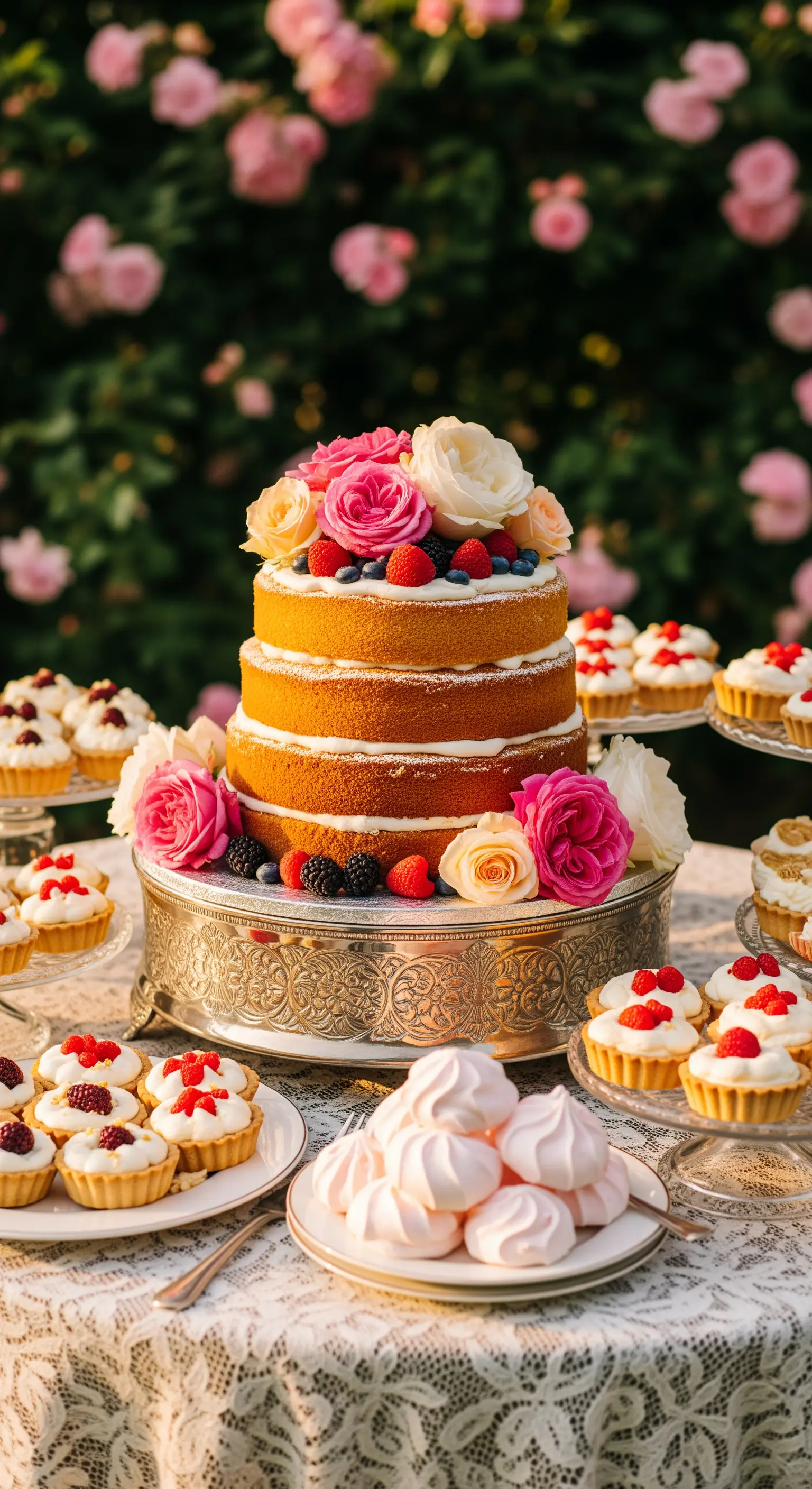 Mehrstöckige Torte mit Rosen und Beeren auf Silbertellern, umgeben von Gebäck