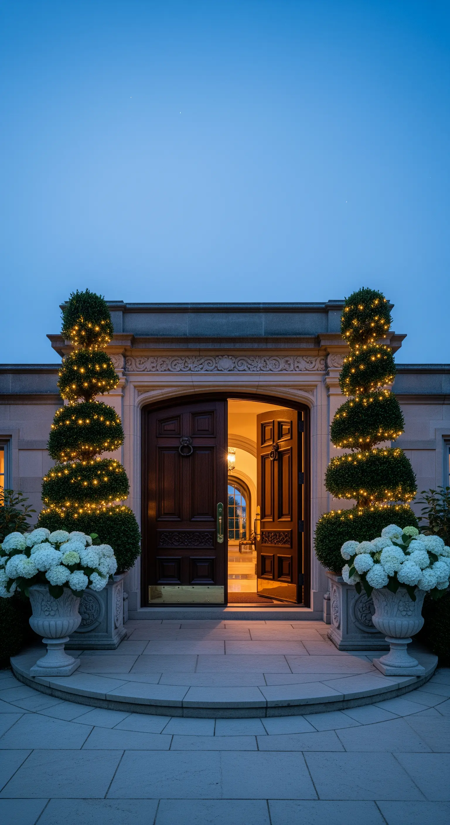 Repräsentativer Eingang, beleuchtete Bäume, Hortensien, Abendstimmung, Lichterketten
