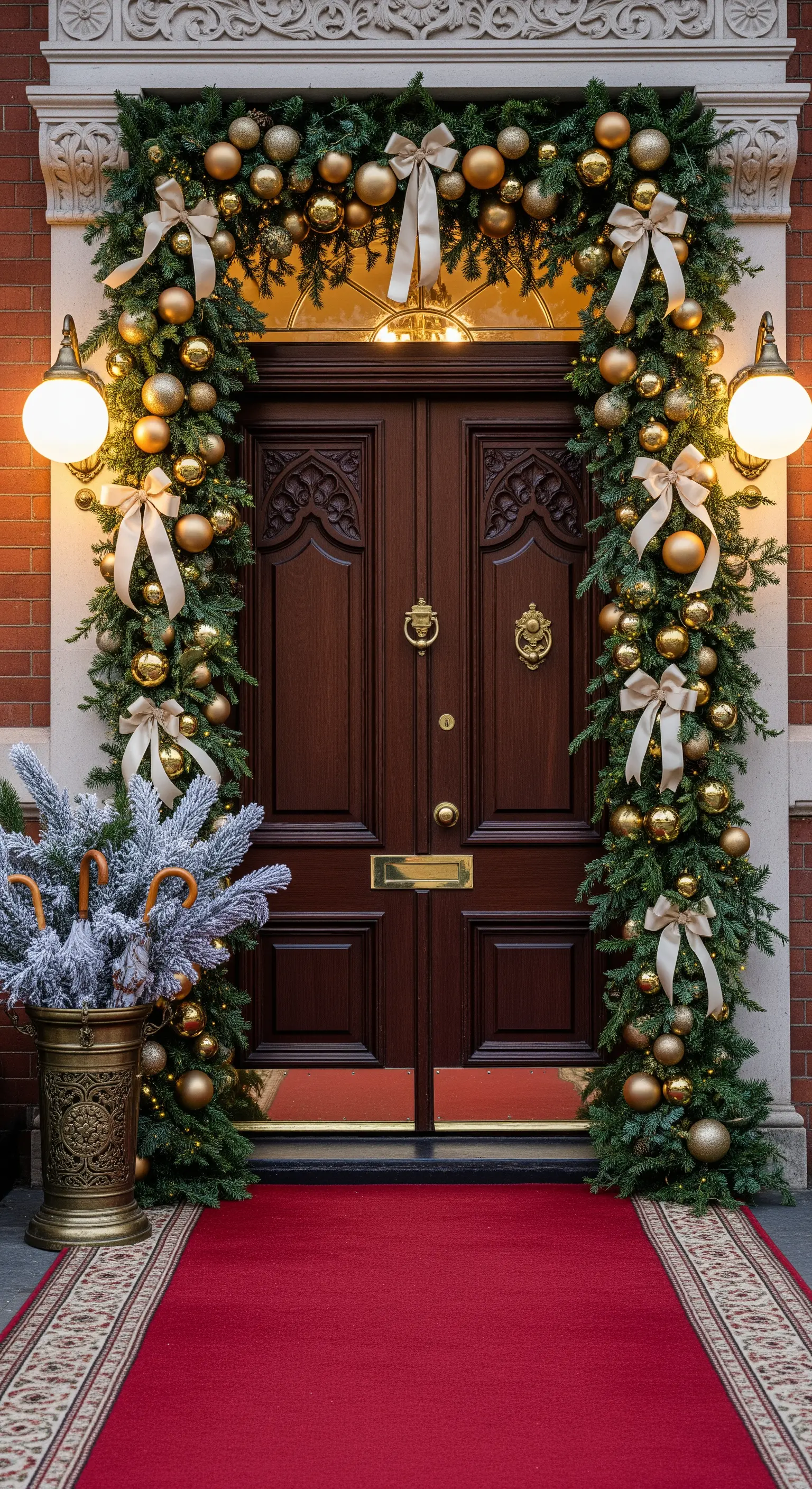 Prunkvoller Eingang mit Tannengirlanden, goldenen Kugeln und cremefarbenen Schleifen.