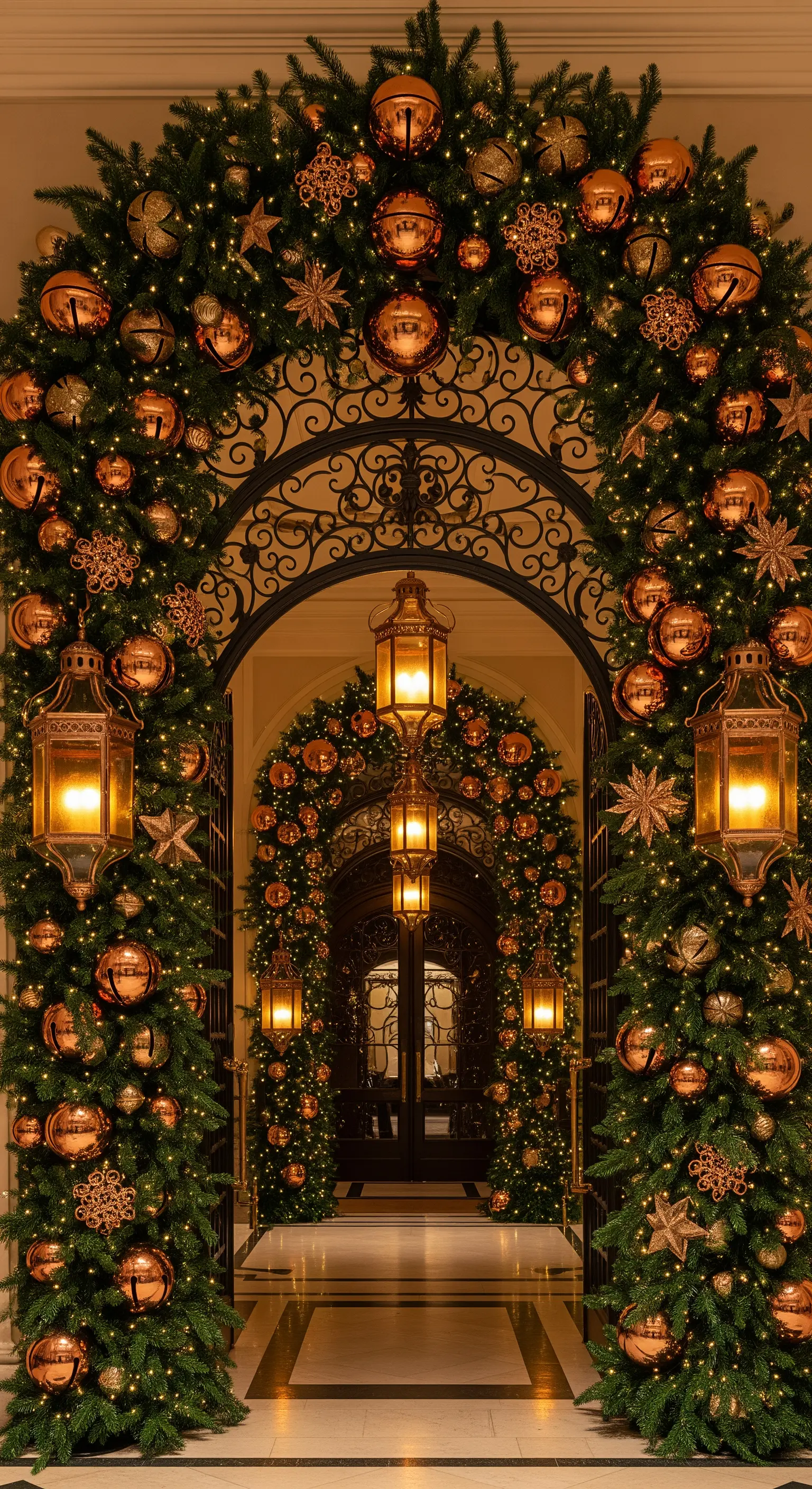 Eingangsbogen mit Tannengrün, kupferfarbenen Weihnachtskugeln und leuchtenden Laternen.