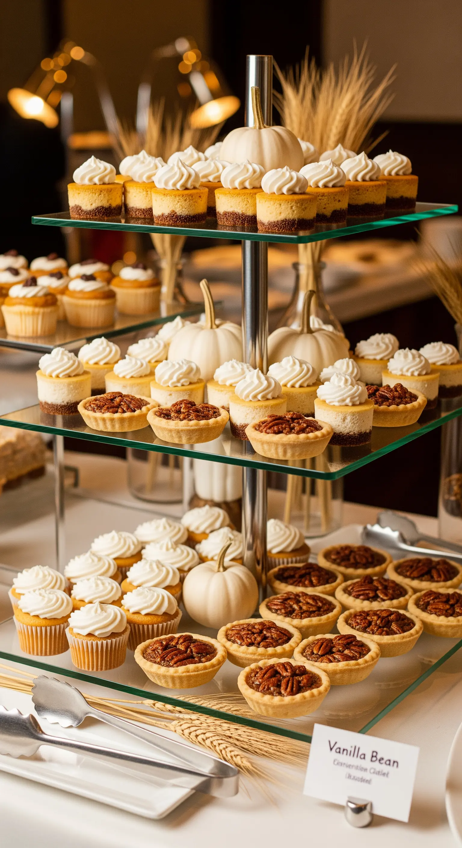 Mehrstöckige Glas-Etagere mit herbstlichen Desserts wie Tartelettes und kleinen weißen Kürbissen.