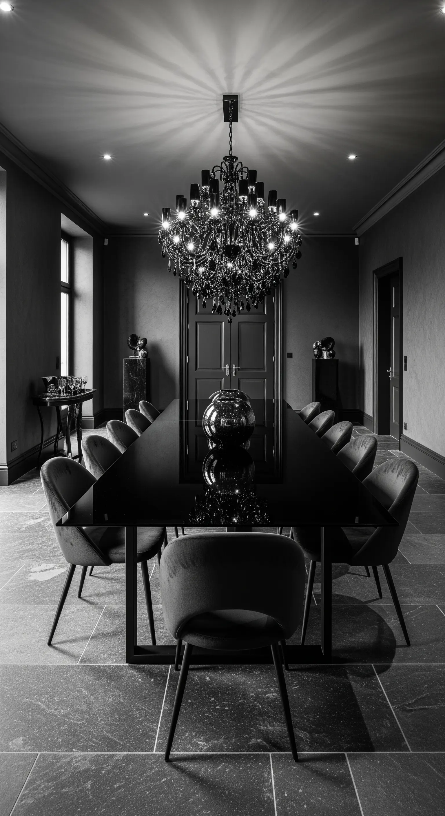 Dunkles Esszimmer mit großem Kronleuchter und schwarzem Esstisch