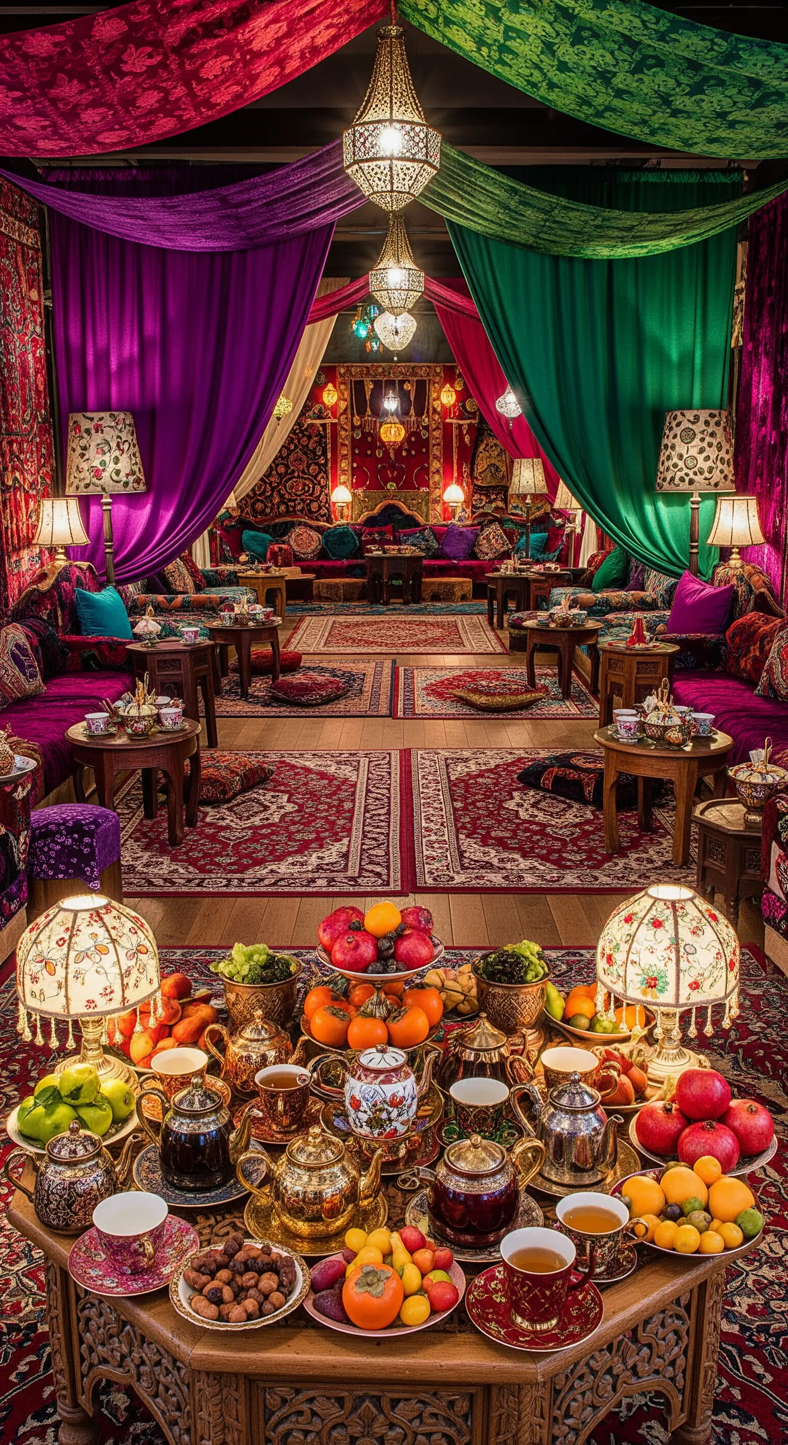 Exotischer Lounge-Bereich mit bunten Vorhängen, Sofas und üppiger Dekoration