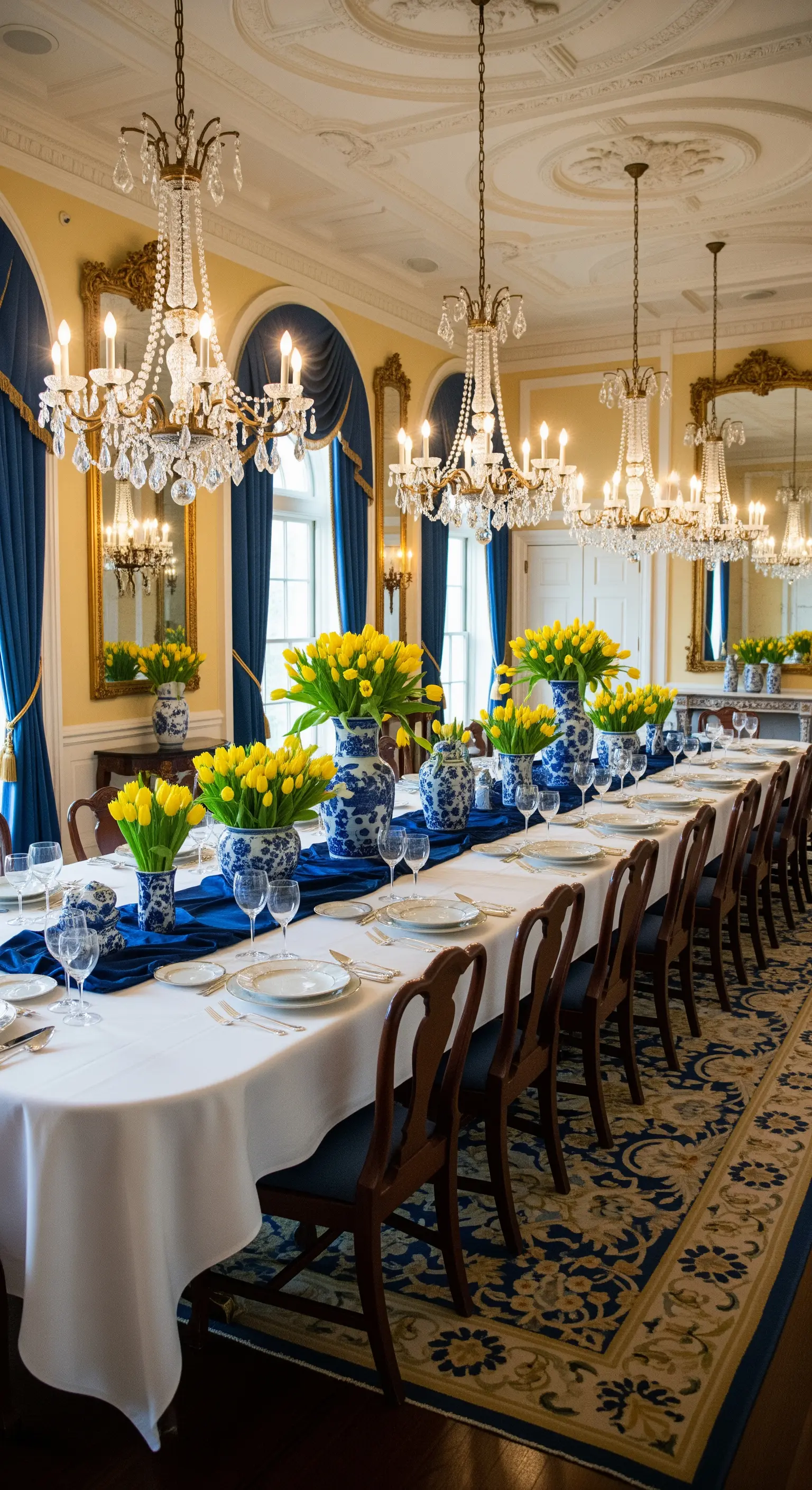 Opulente Ostertafel in einem Festsaal mit gelben Tulpen und blauem Porzellan