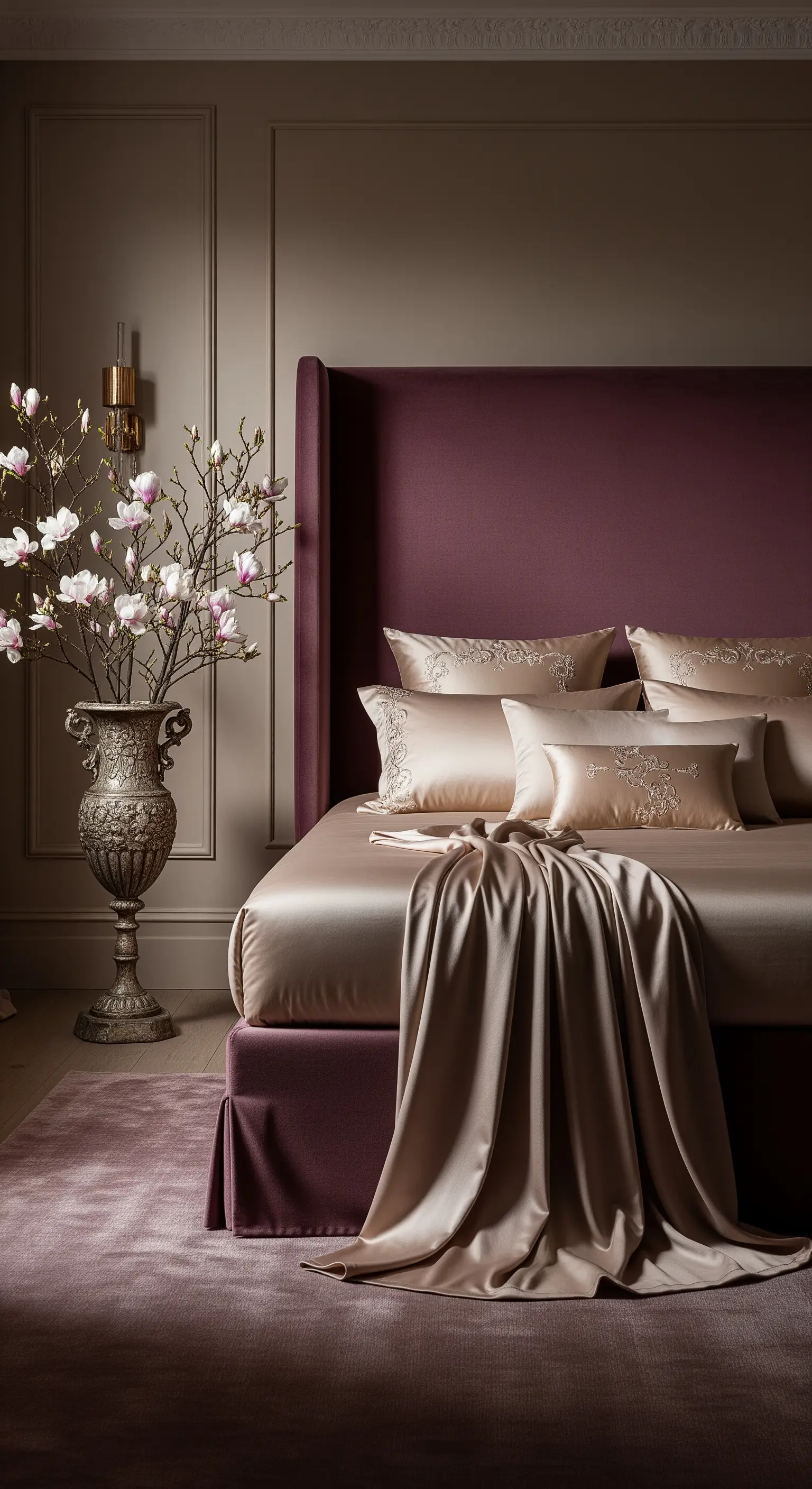 Schlafzimmer mit pflaumenfarbenem Bett, champagnerfarbenem Satin und Magnolienzweigen.