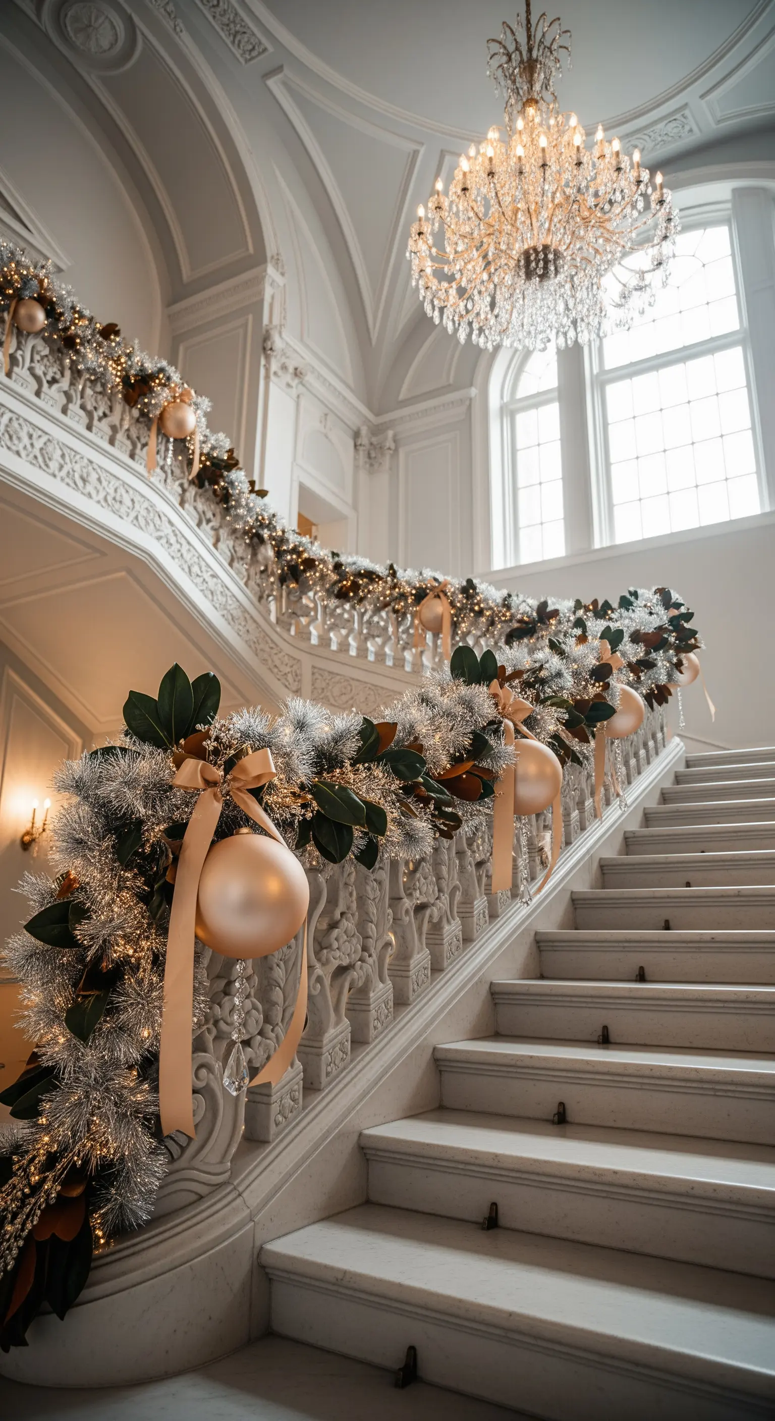 Weiße Marmortreppe mit Silber-Tinsel-Girlande, Goldkugeln und Magnolienblättern.