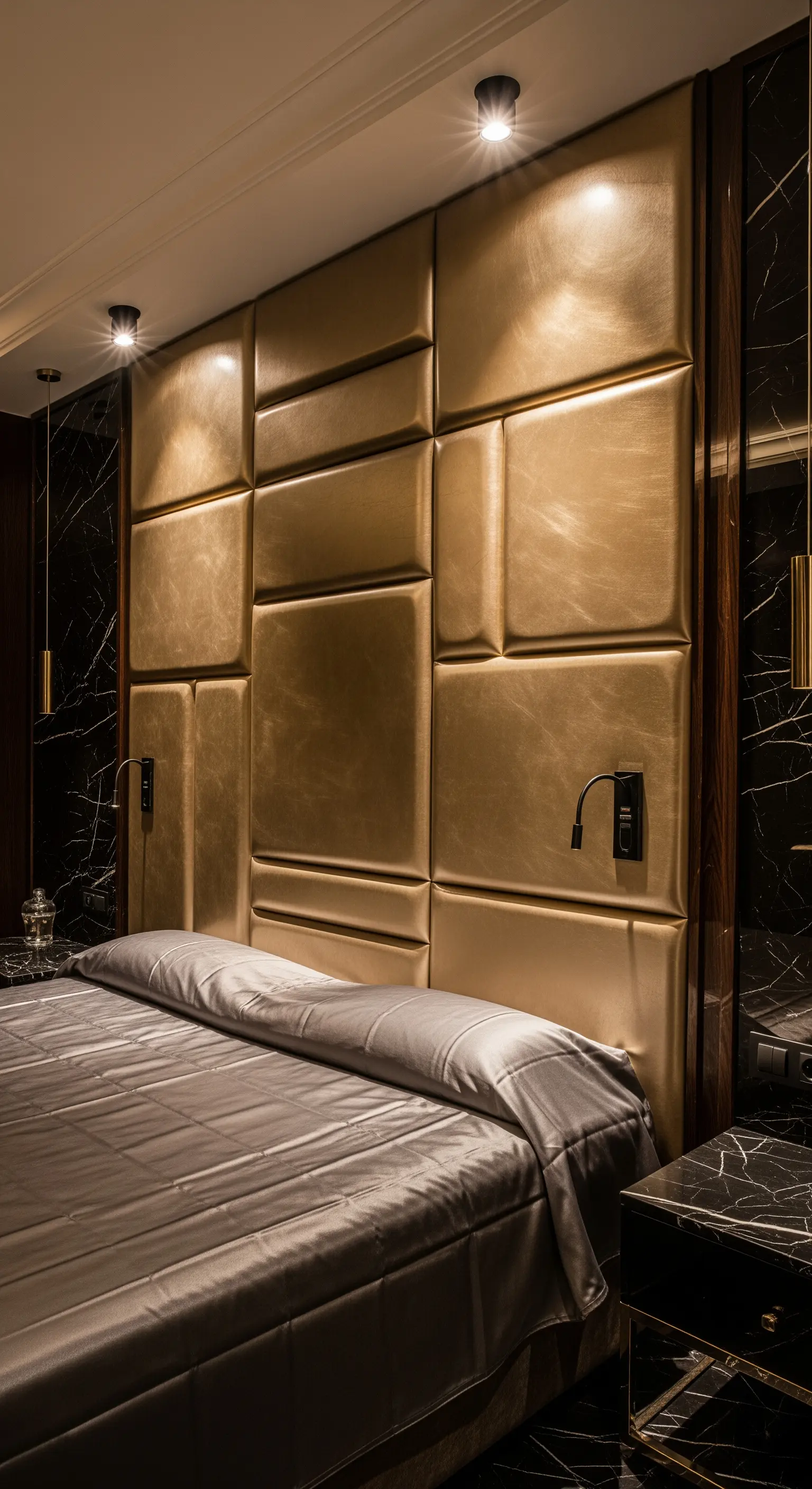 Wandpaneele aus goldenem Leder in asymmetrischer Anordnung in einem opulenten, dunklen Schlafzimmer.