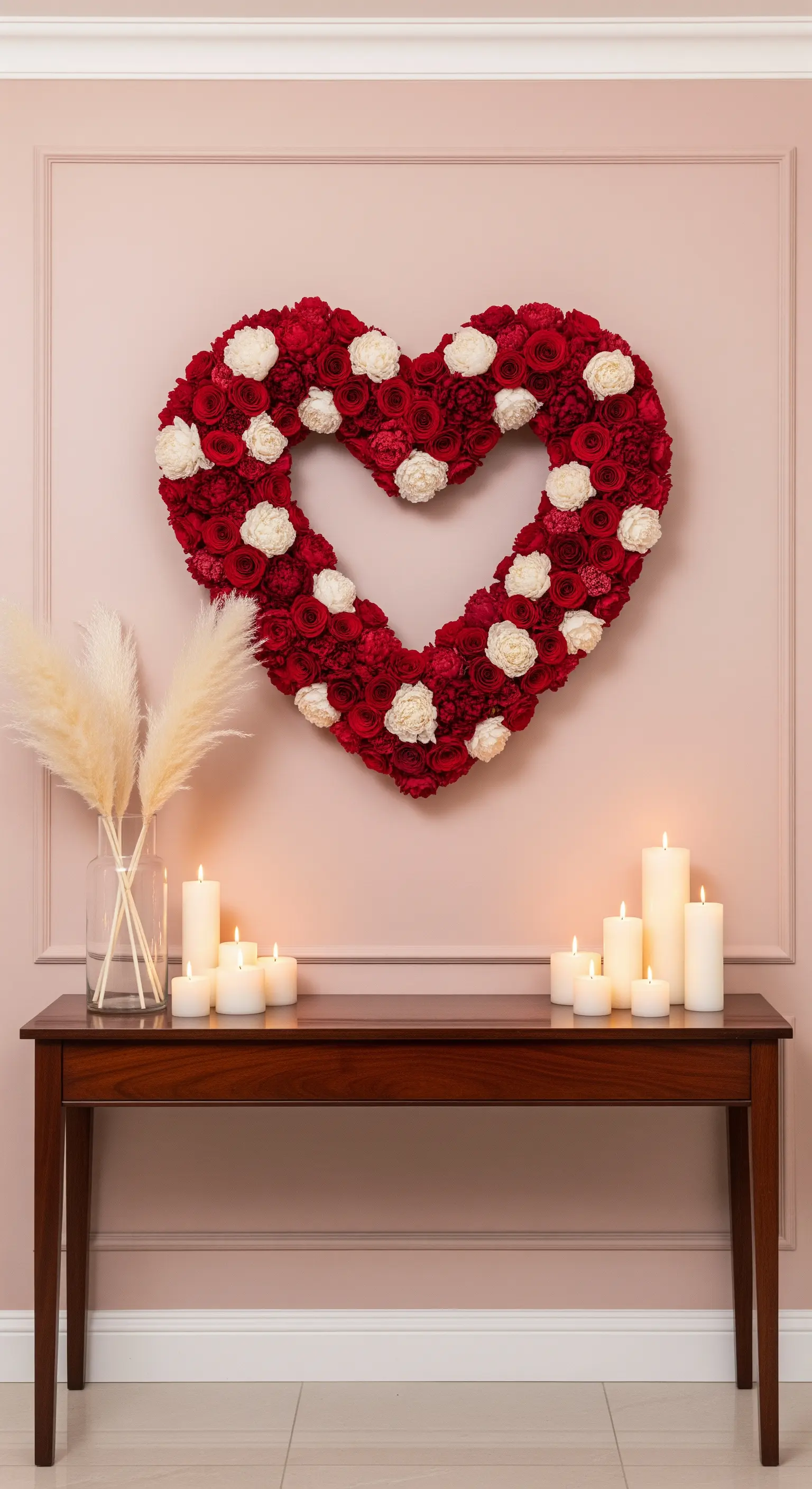 Herz-Blumenkranz, rote Rosen, weiße Kerzen, Pampasgras