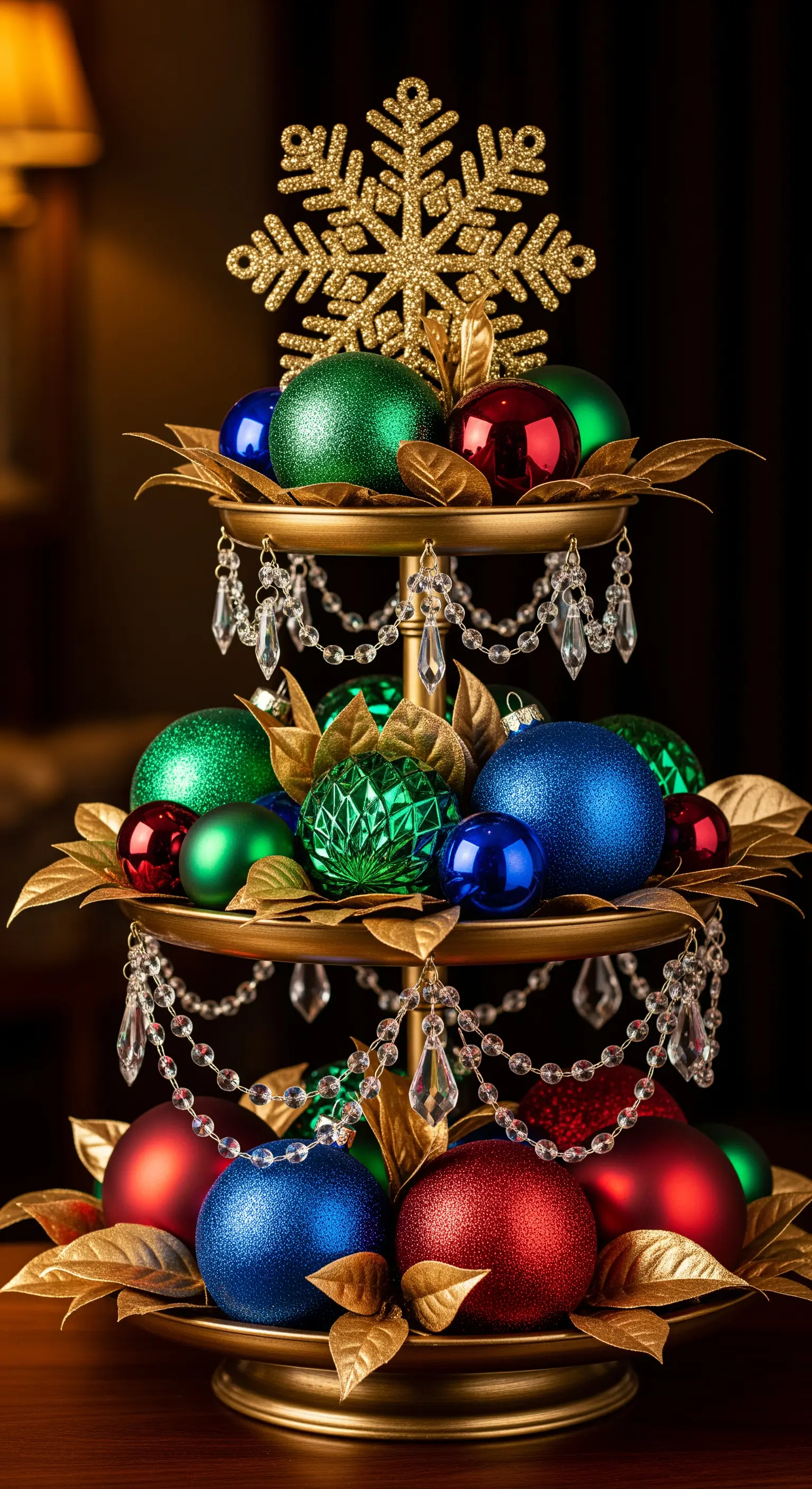 Goldene Etagere mit bunten Weihnachtskugeln in Juwelenfarben und Kristallhängern.