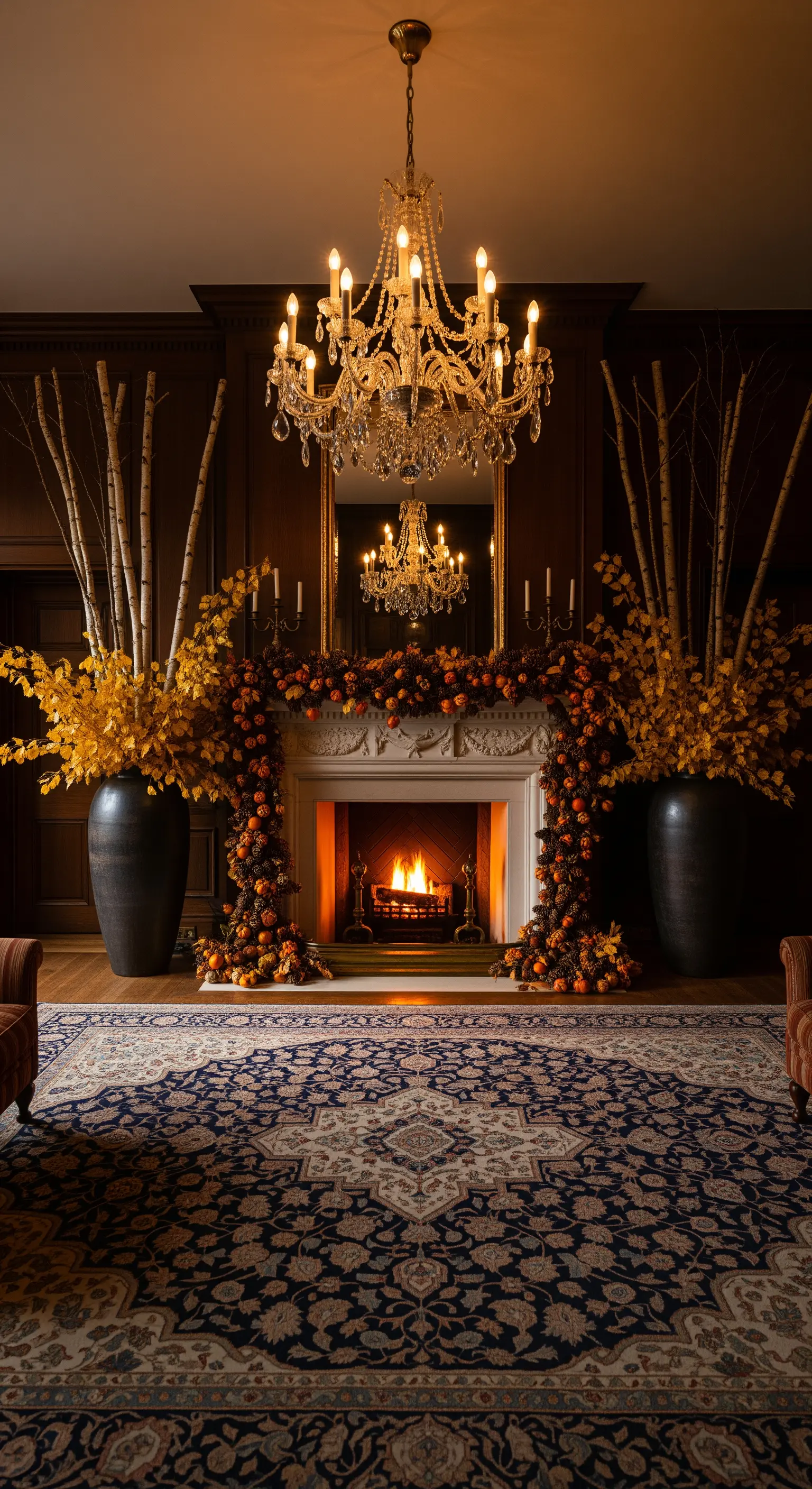 Opulenter Kamin mit Herbstgirlande, Birkenzweigen und großem Kronleuchter