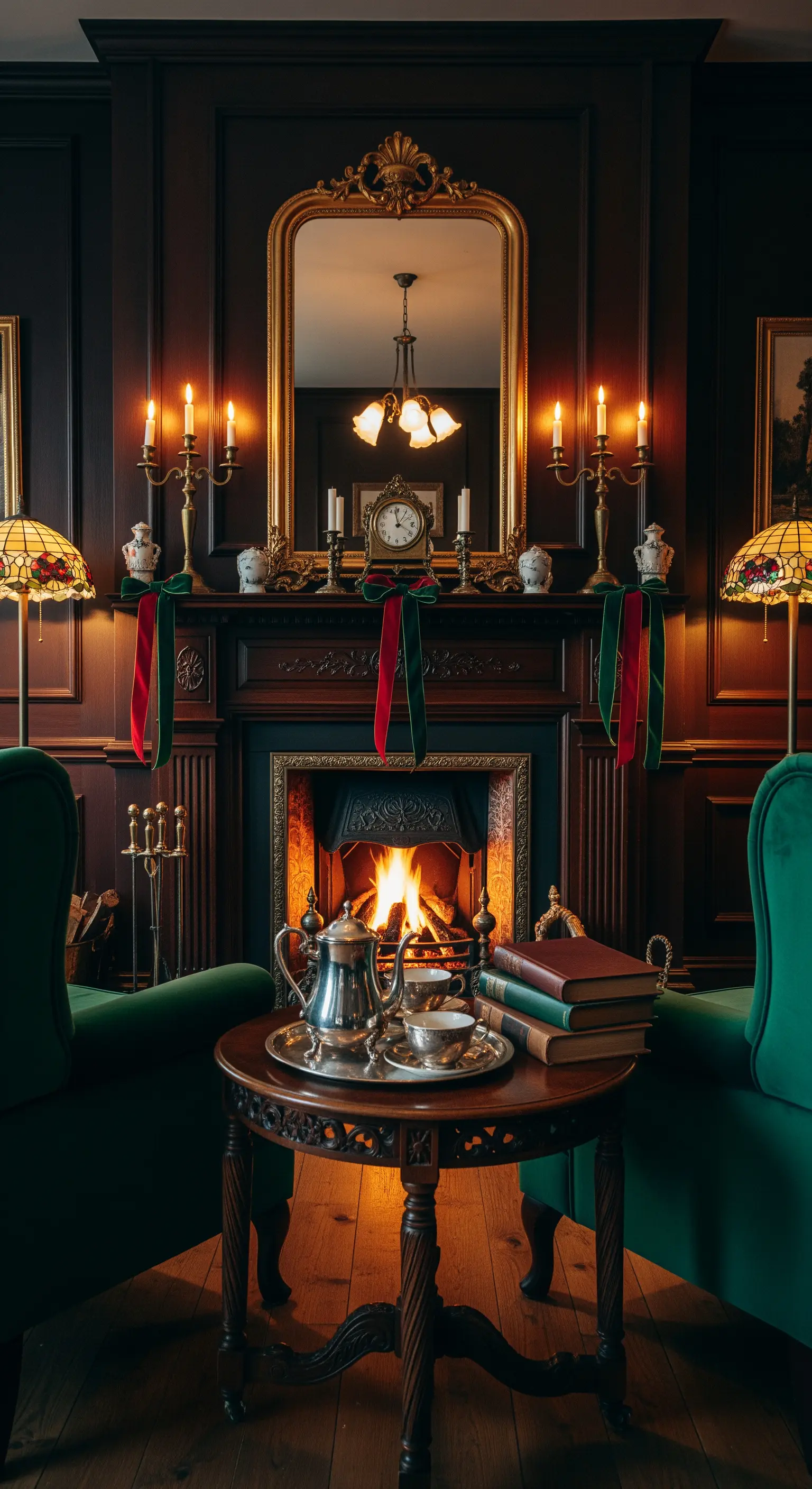 Dunkler Holz-Kamin mit Goldspiegel, Kerzen, roten Bändern, klassisches viktorianisches Interieur.