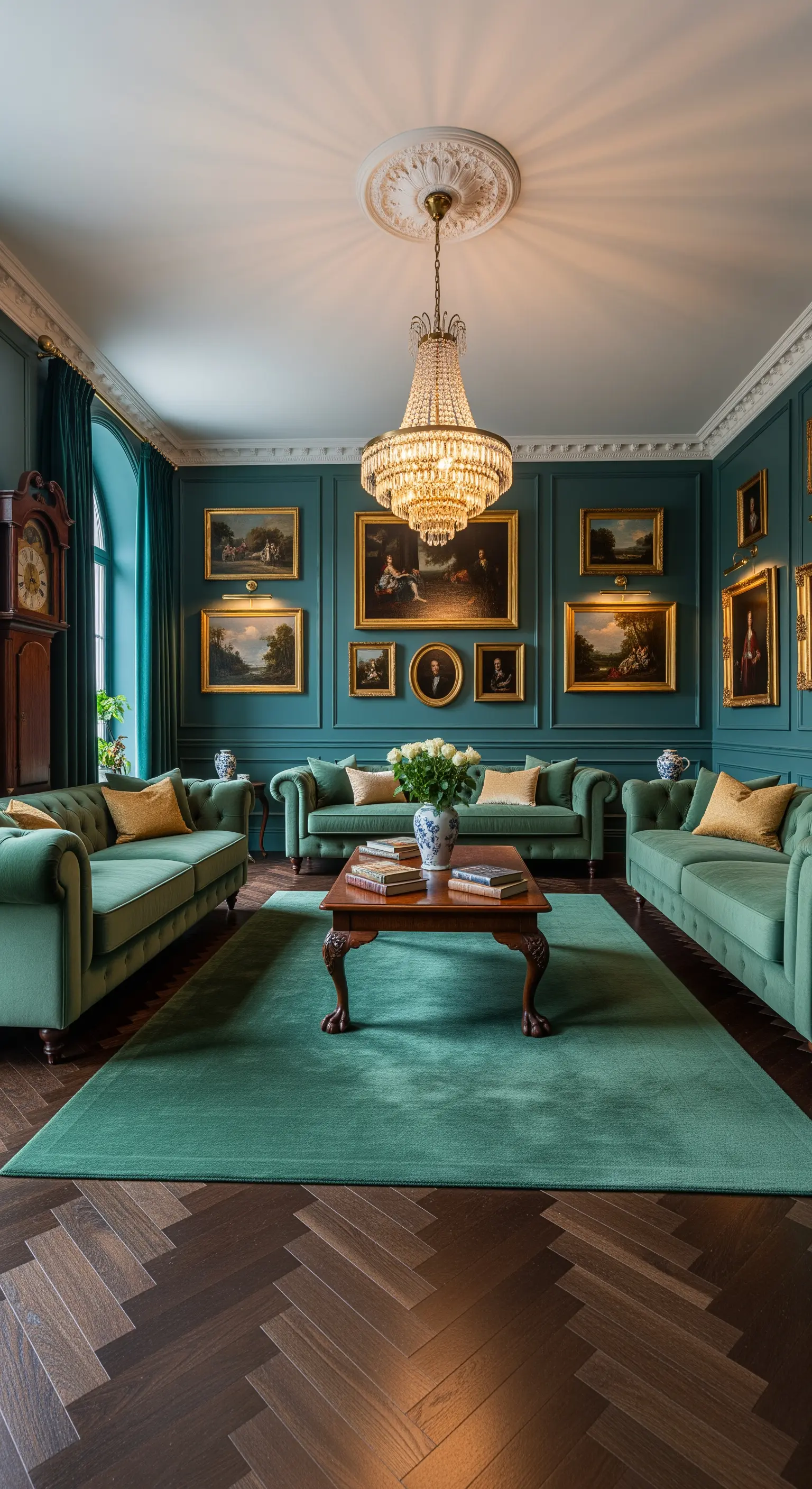 Opulenter Kristall-Kronleuchter, türkisfarbene Wände, goldgerahmte Gemälde