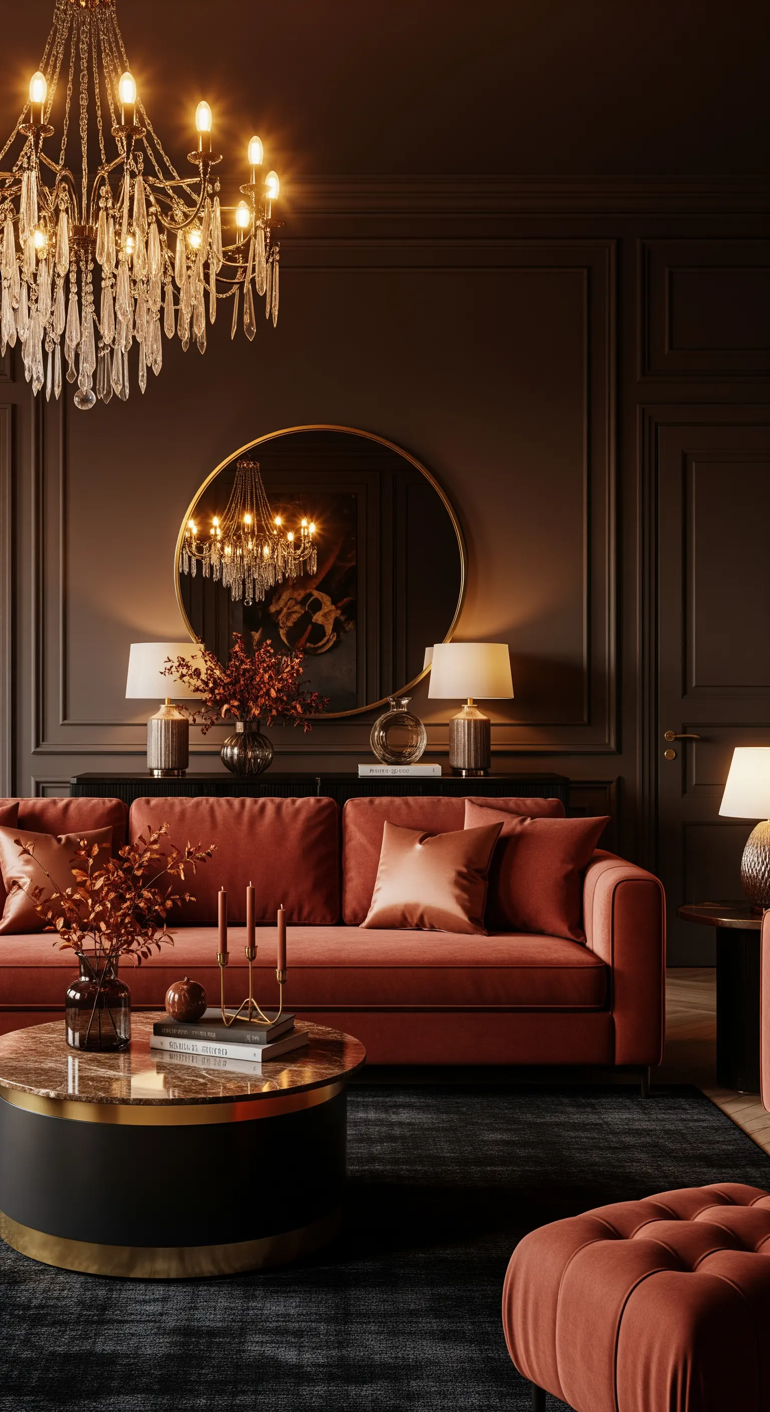 Dunkles, elegantes Wohnzimmer mit Kronleuchter, Rostrot-Samtsofa und Spiegel