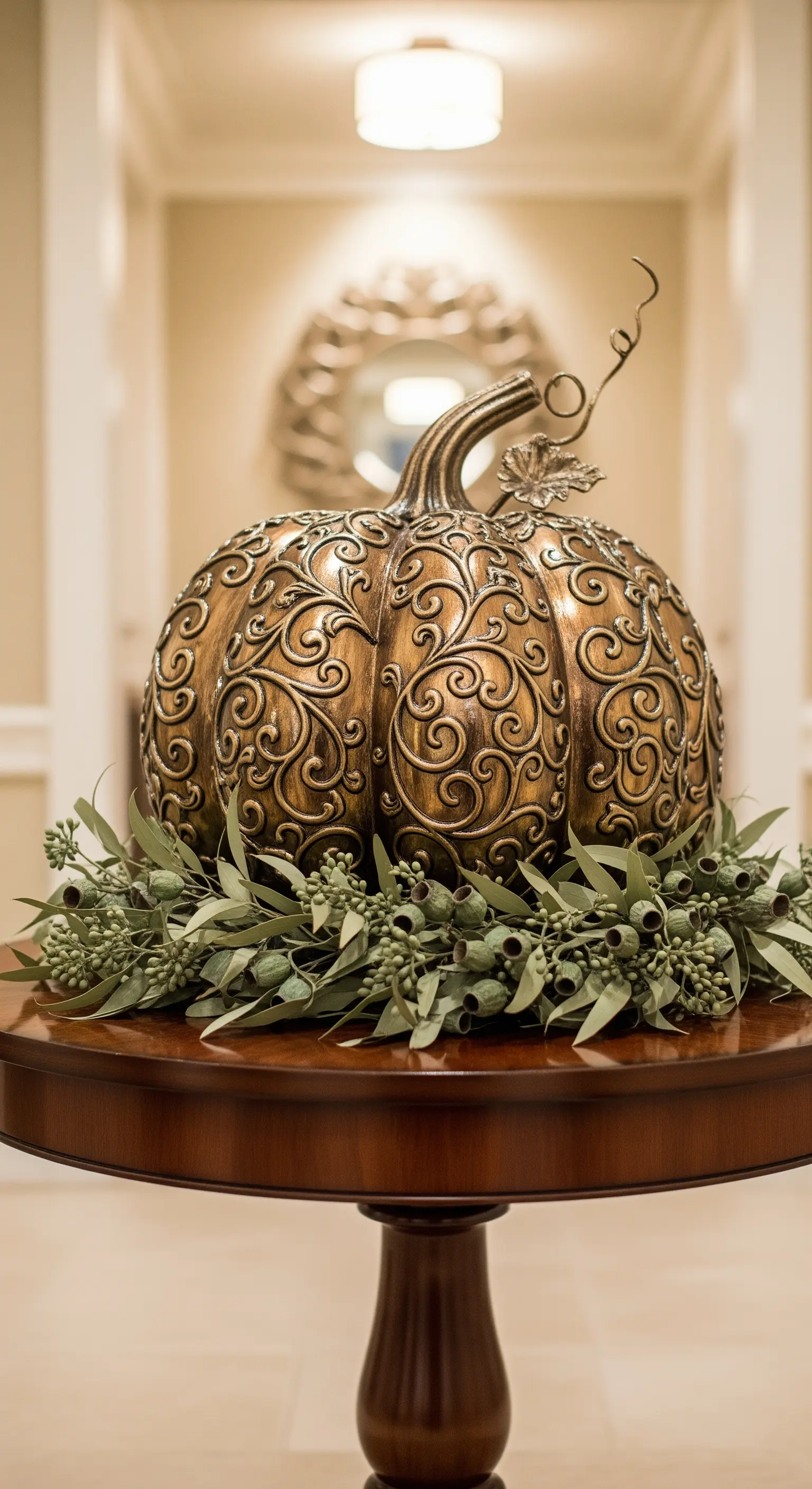 Goldener verzierter Kürbis auf Säulentisch mit Eukalyptuszweigen.