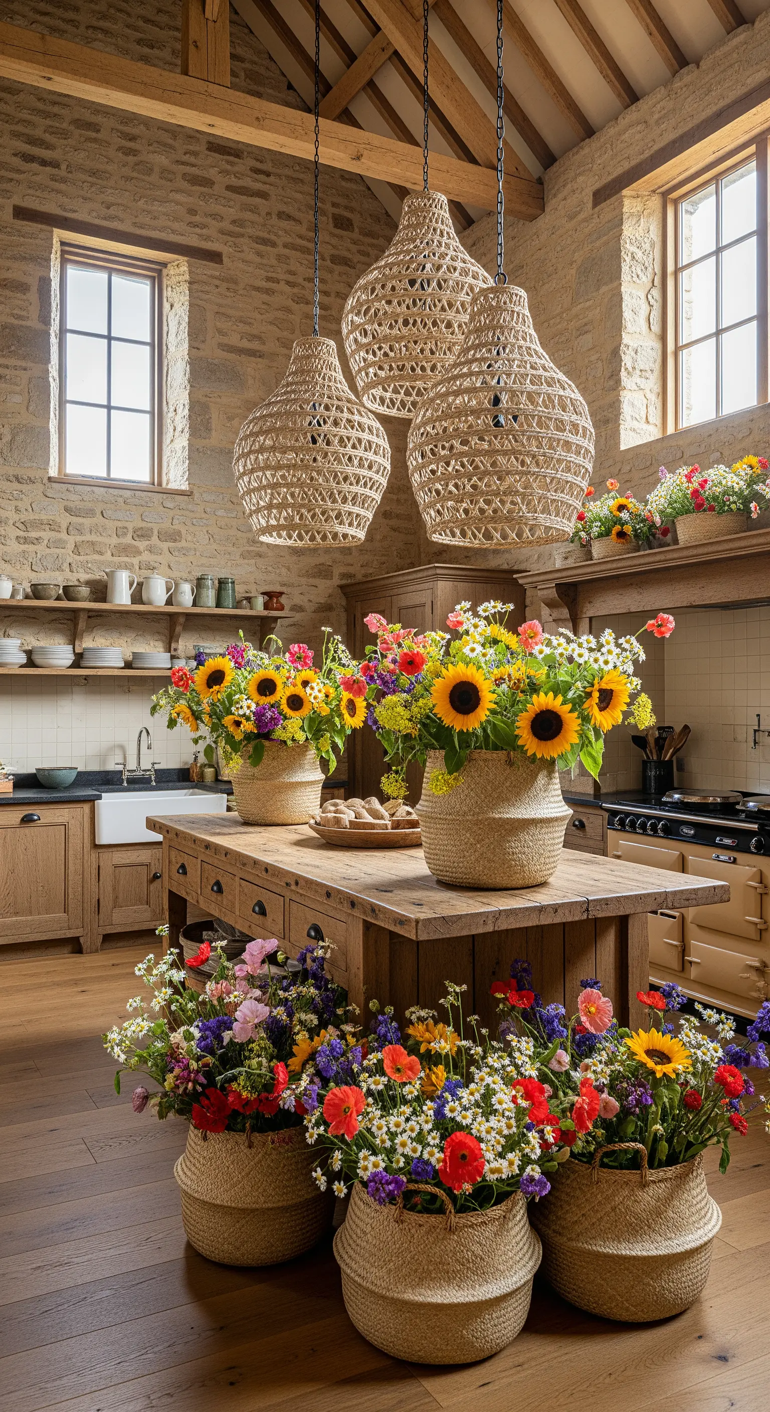 Weidenkörbe mit üppigen Wildblumen, gewebte Lampen und Steinwände