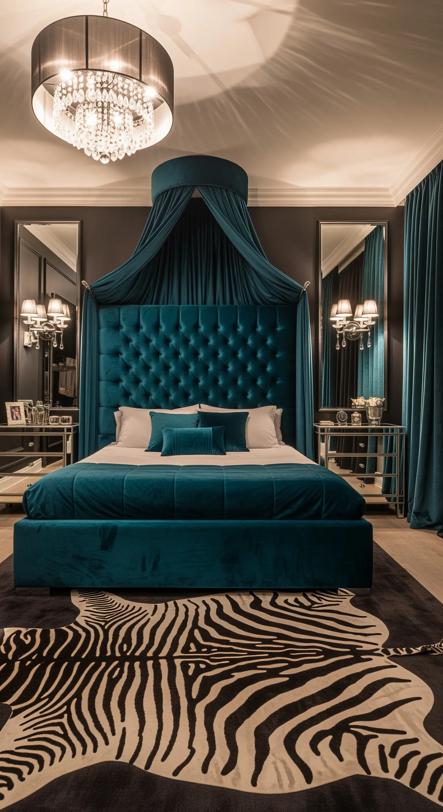 Petrol-Samt-Himmelbett, Zebra-Teppich, Spiegel, Kristallleuchten, luxuriöser Glamour