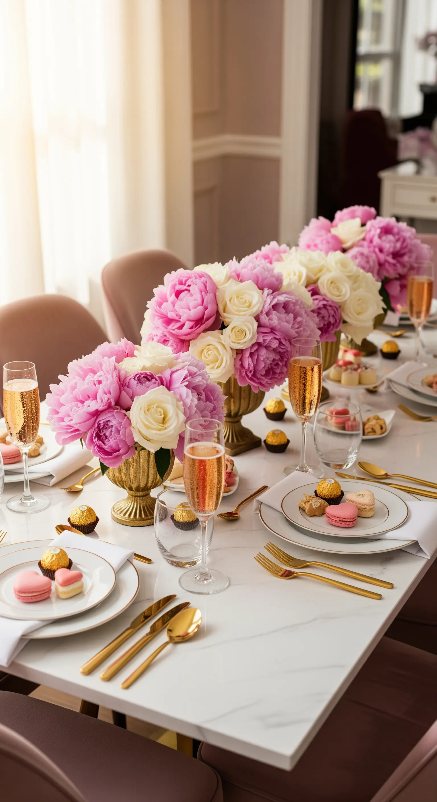 Luxuriöse Tischdekoration mit rosa und weißen Pfingstrosen, goldenem Besteck und Macarons