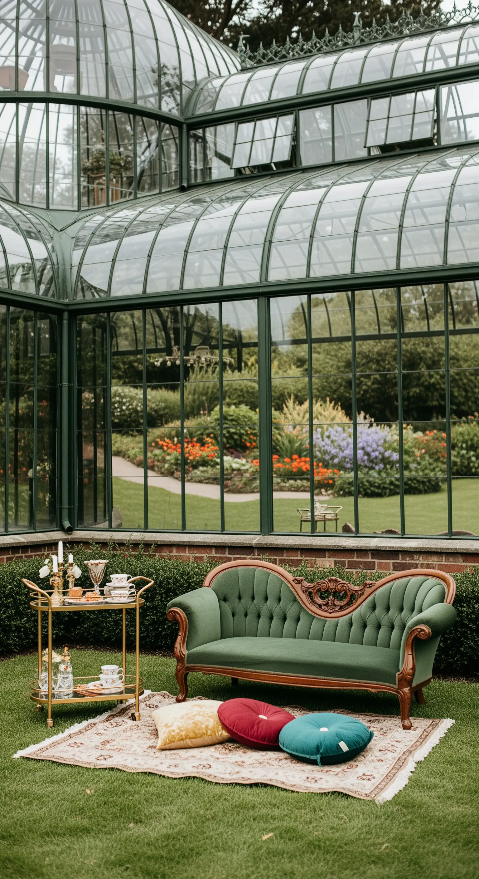 Grünes Samtsofa, goldener Servierwagen auf Teppich vor Gewächshaus.