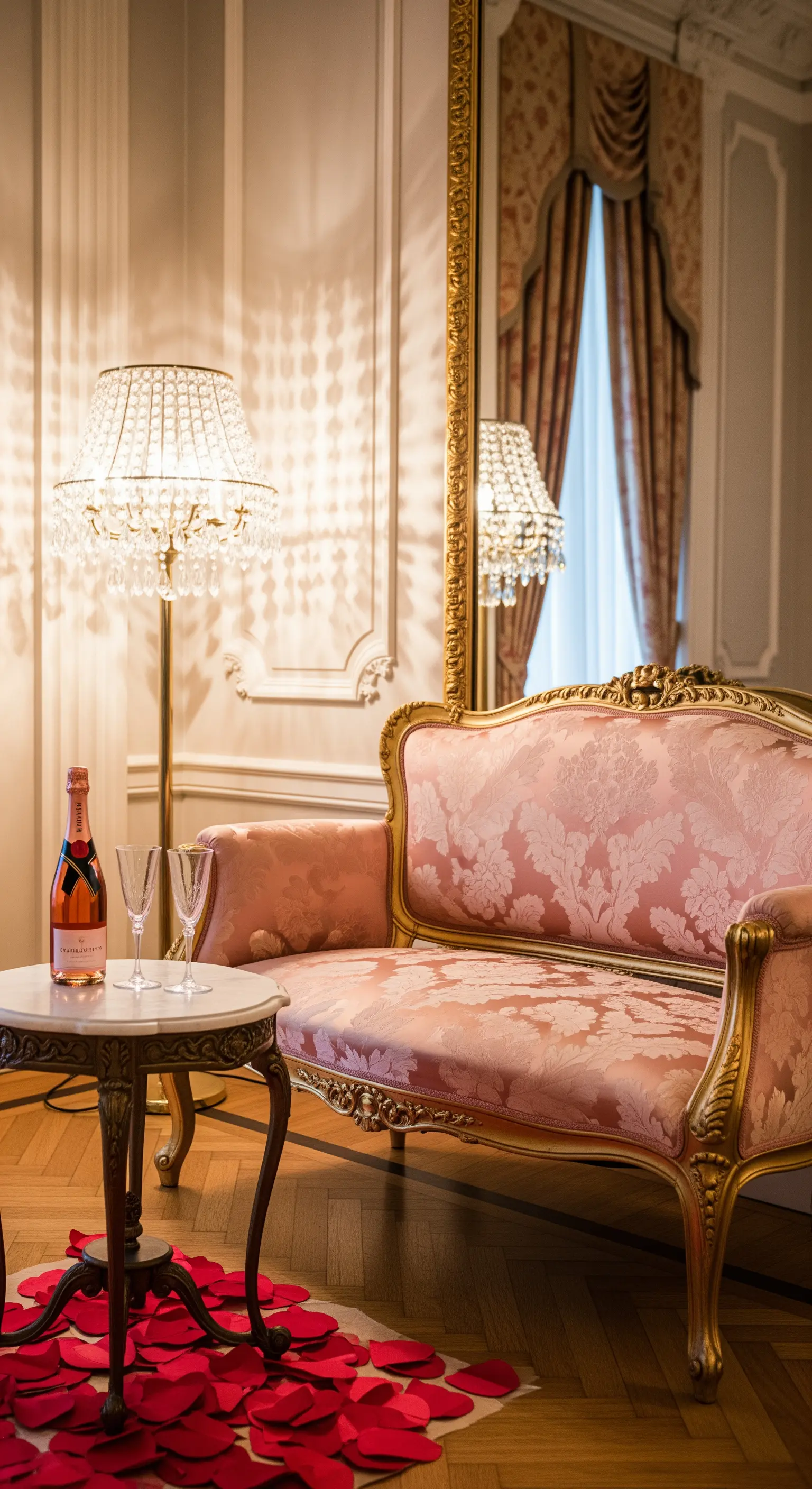 Elegantes Rokoko-Sofa in Rosa und Gold, mit Champagner und Rosenblättern auf dem Boden.