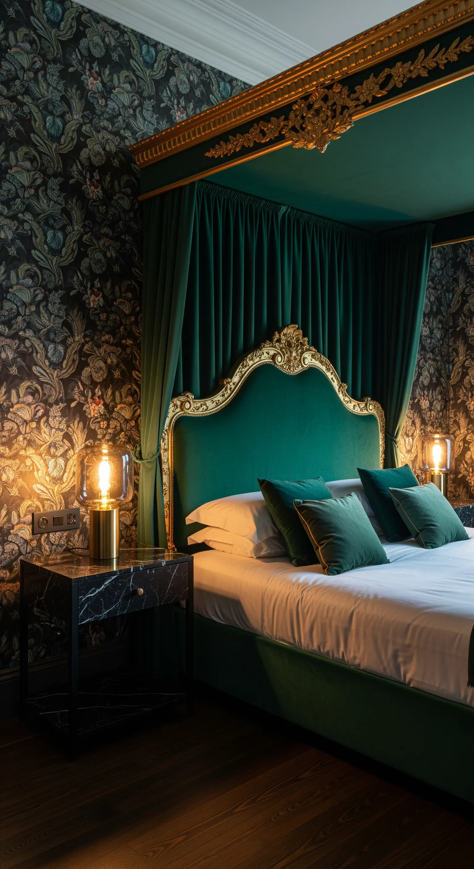 Smaragdgrünes Samt-Himmelbett, goldene Verzierungen, florale Wandtapete, dunkler Luxus