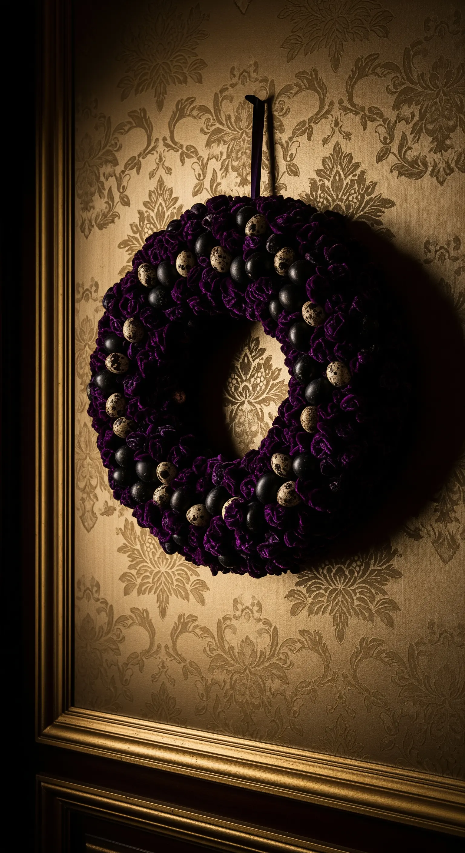 Lila Samtkranz mit kleinen Eiern an Damast-Wand