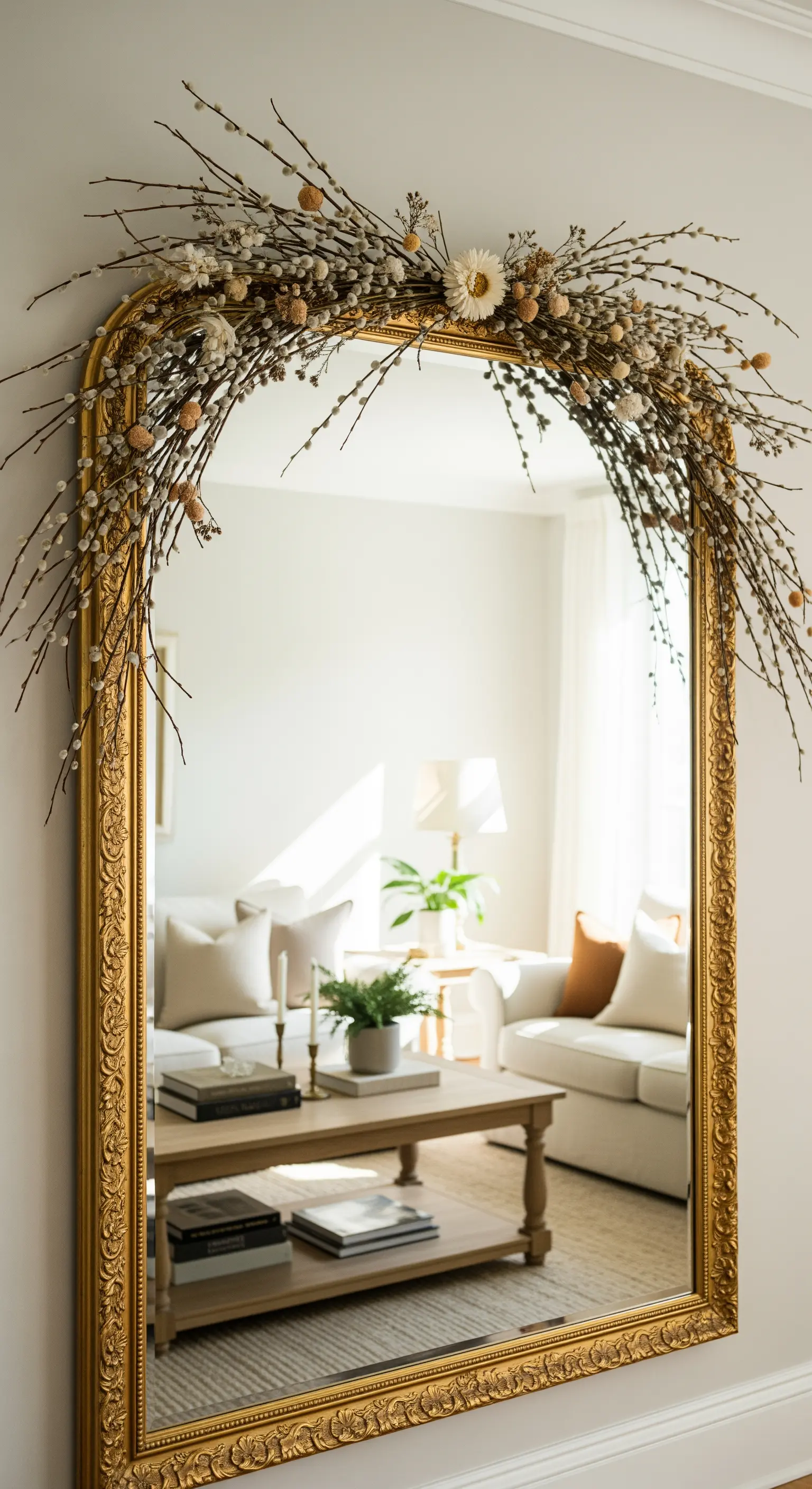 Goldener Spiegel mit Weidenkätzchen- und Trockenblumengirlande