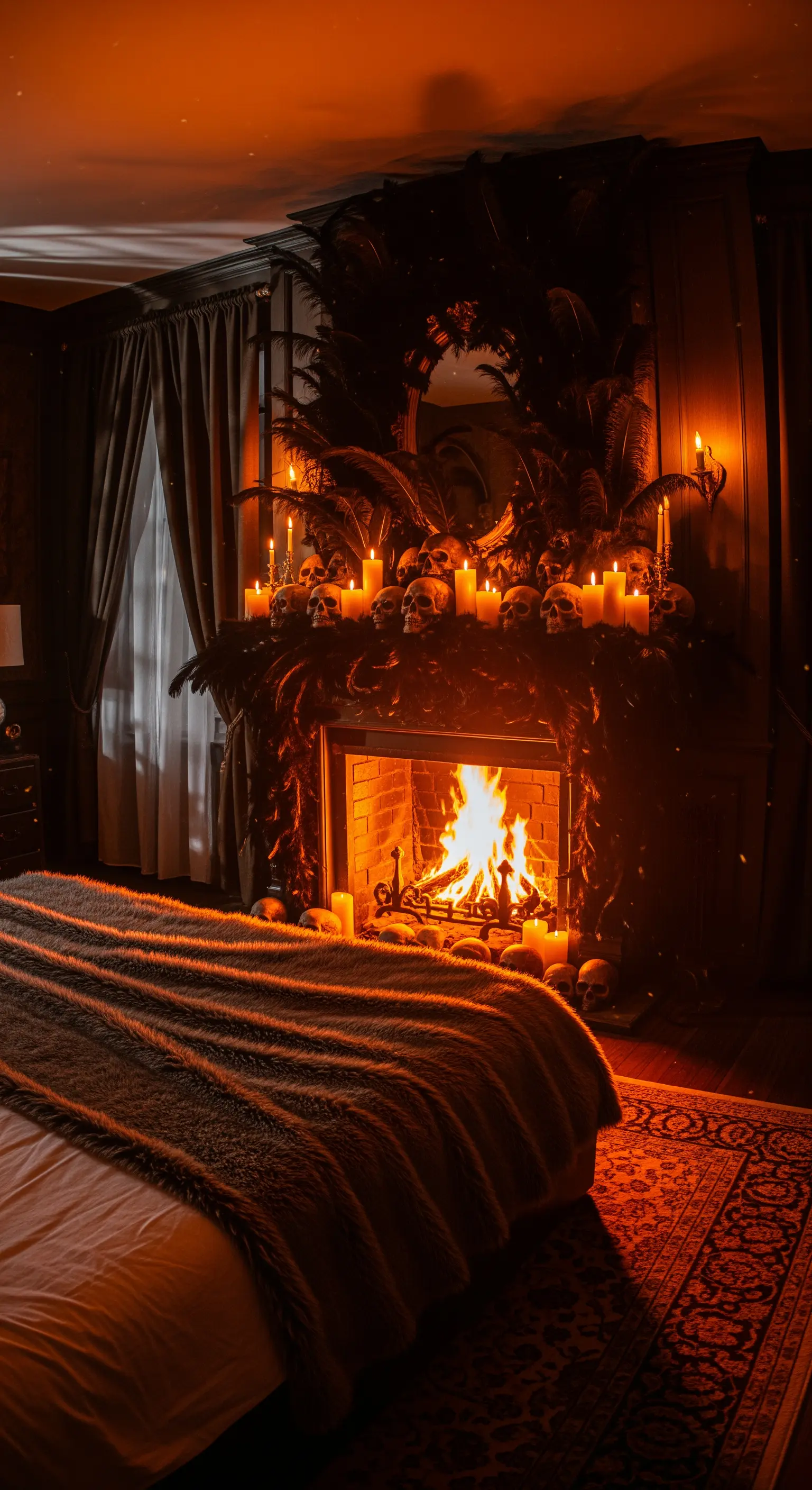 Kamin mit Schädeln, Federn und vielen Kerzen in dunklem Schlafzimmer