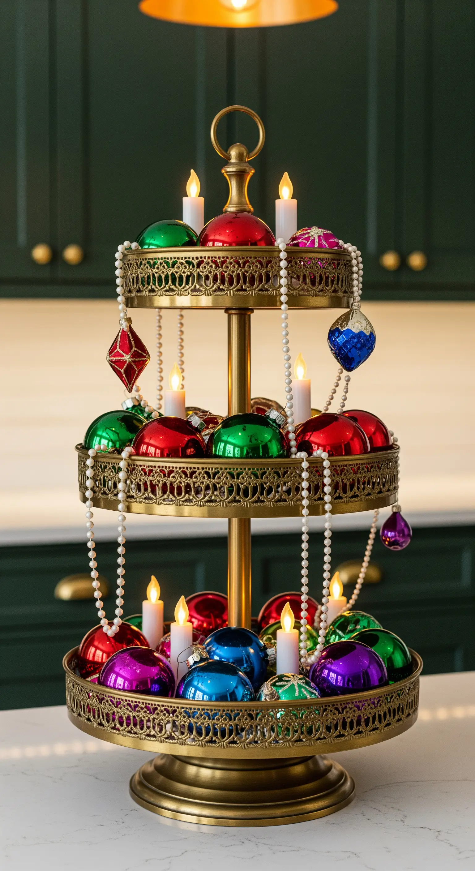 Goldene Vintage-Etagere gefüllt mit bunten Weihnachtskugeln, Perlenketten und LED-Kerzen.