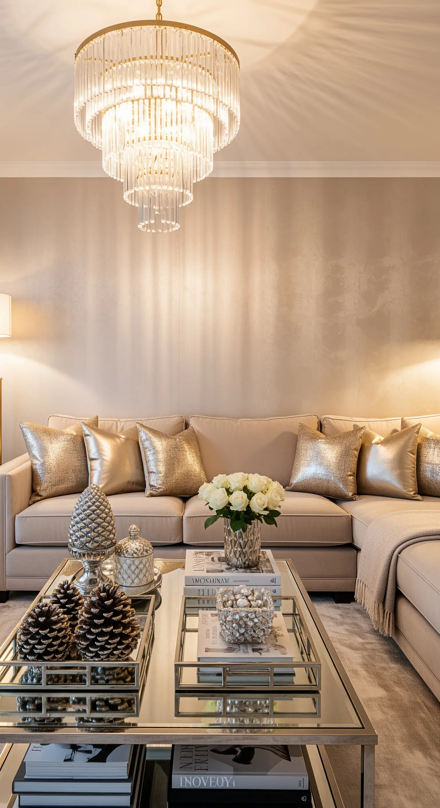 Glamouröses Wohnzimmer mit champagnerfarbenem Sofa, Goldkissen, Kristallleuchter und Spiegeltisch.