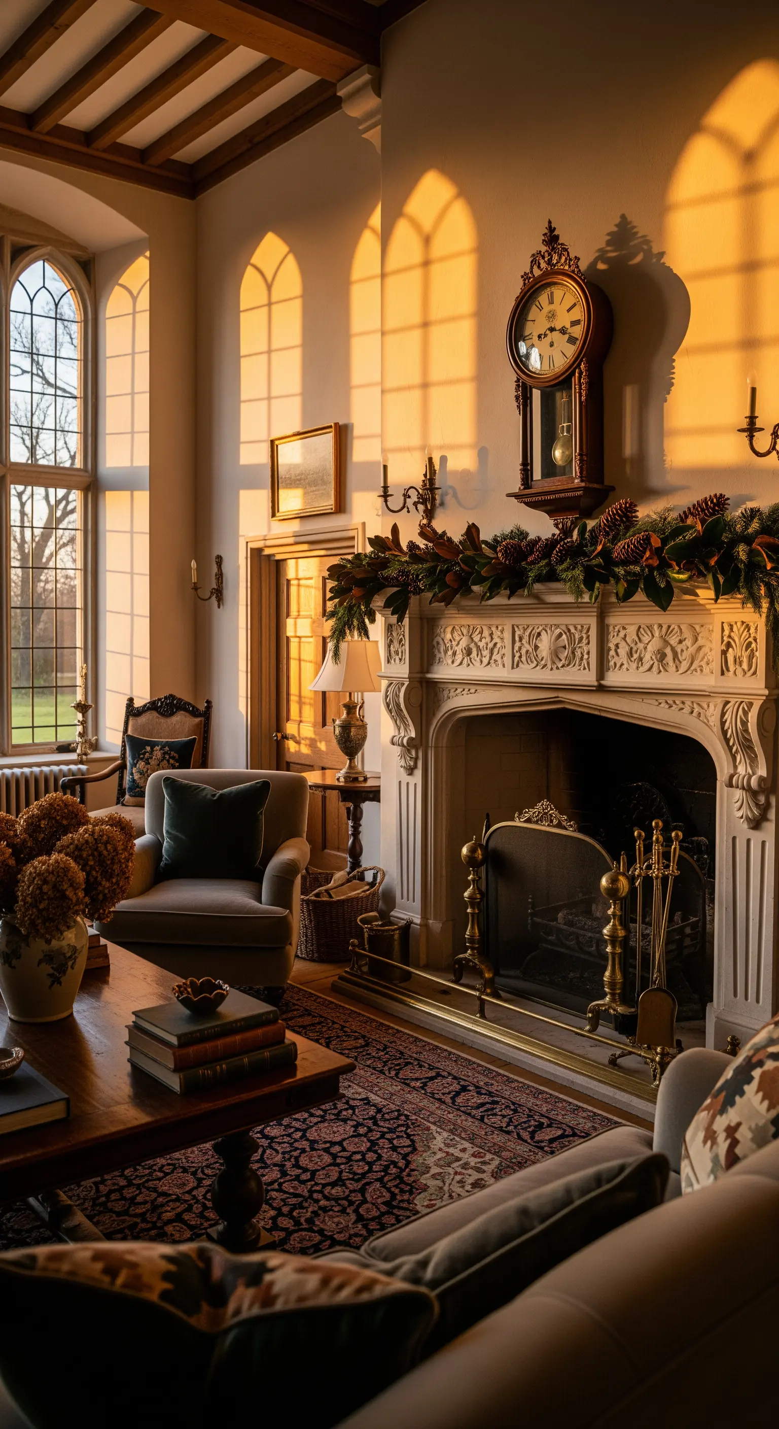Opulenter Kamin mit Girlande, antiker Uhr und elegantem Dekor