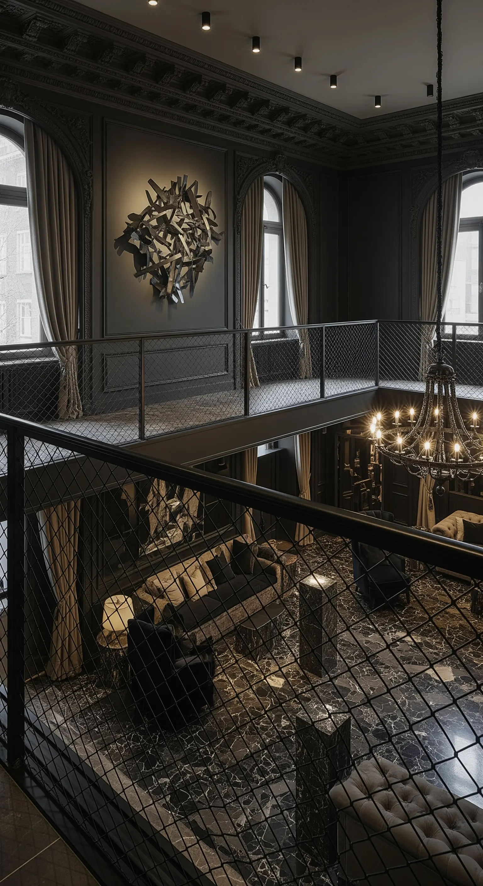 Opulenter Wohnraum mit Galerie, Kronleuchter, schwarzem Marmor und Kunstwerken