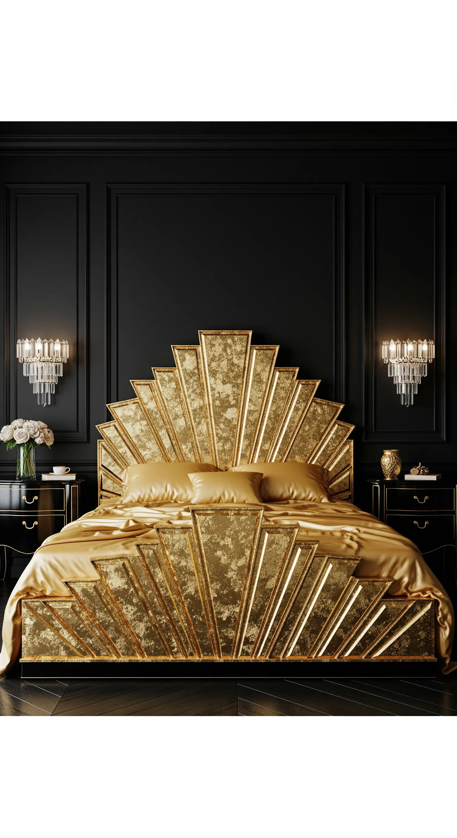 Dramatisches schwarzes Schlafzimmer mit einem riesigen, goldenen Art-déco-Kopfteil und goldener Seidenbettwäsche.
