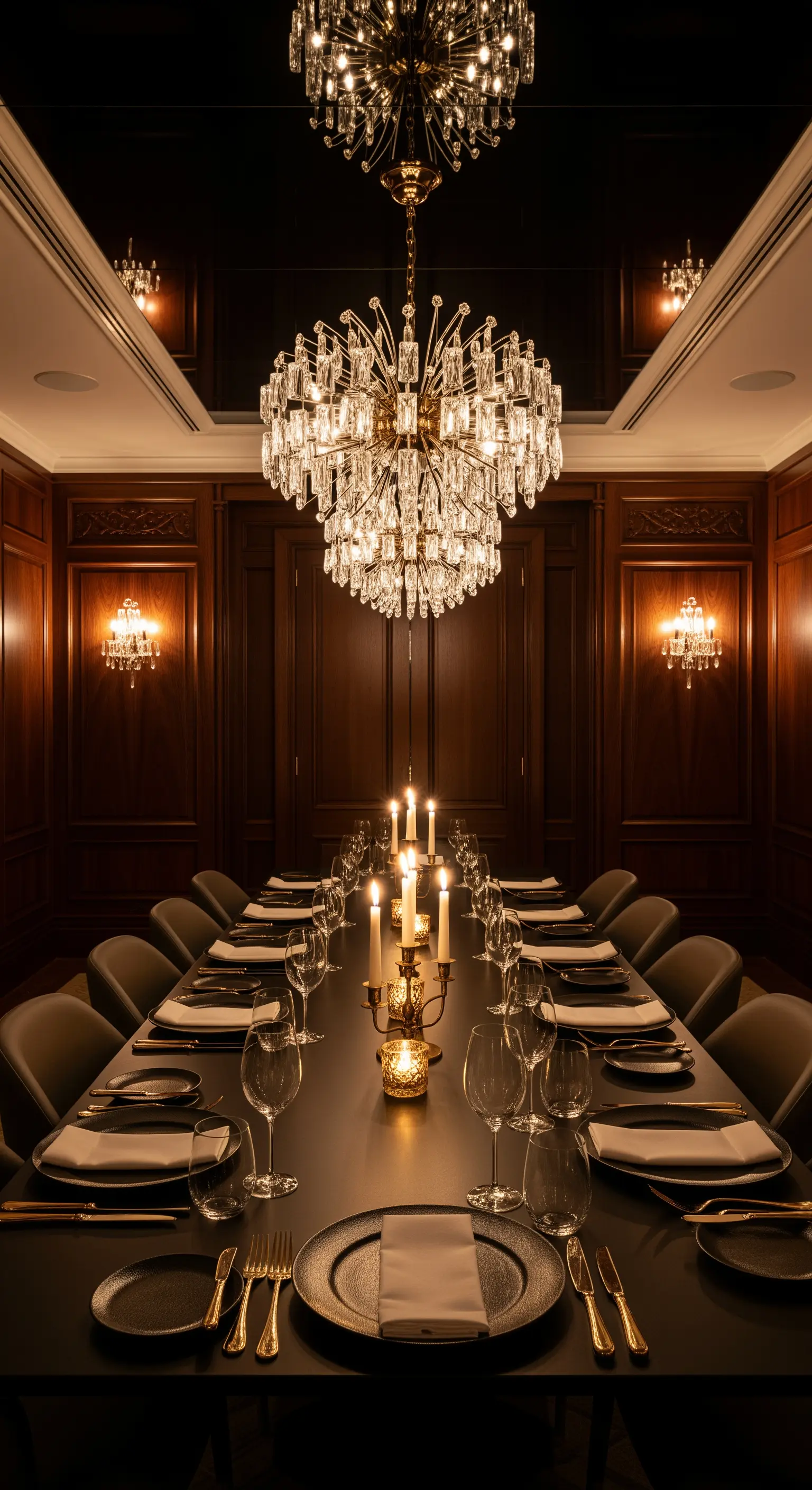 Elegantes Esszimmer mit zwei Kristallleuchtern, dunklem Holztisch und Wandleuchten