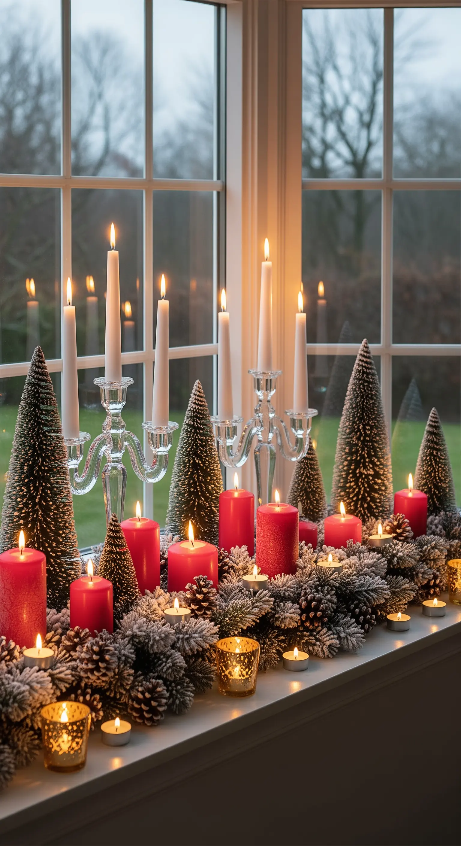Üppige Fensterbank-Dekoration mit Kandelabern, roten Kerzen und goldenen Teelichtern.