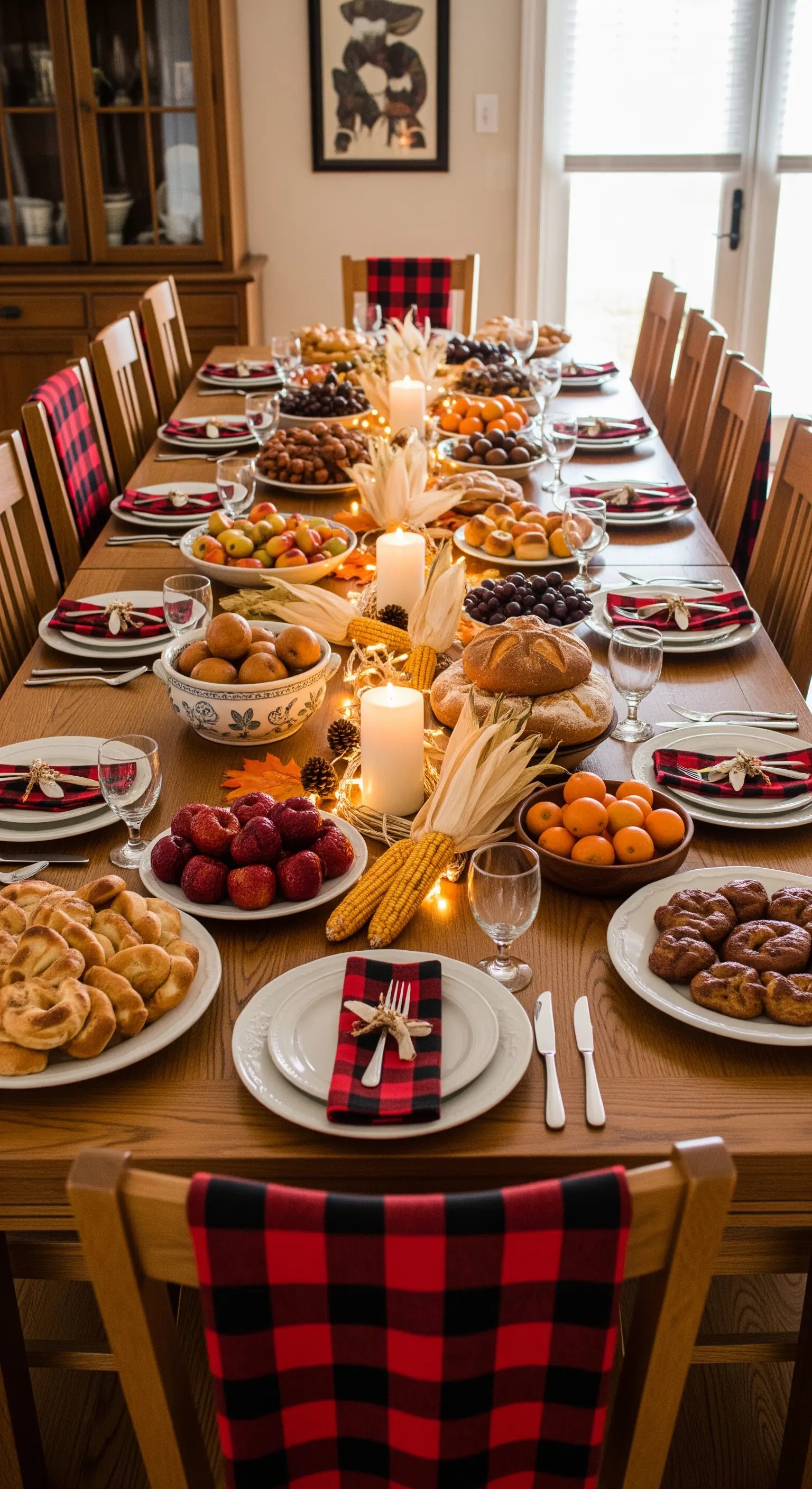 Opulentes Herbstfest, lange Tafel, viel Essen, Kerzen, Maiskolben, rot-schwarze Plaids.