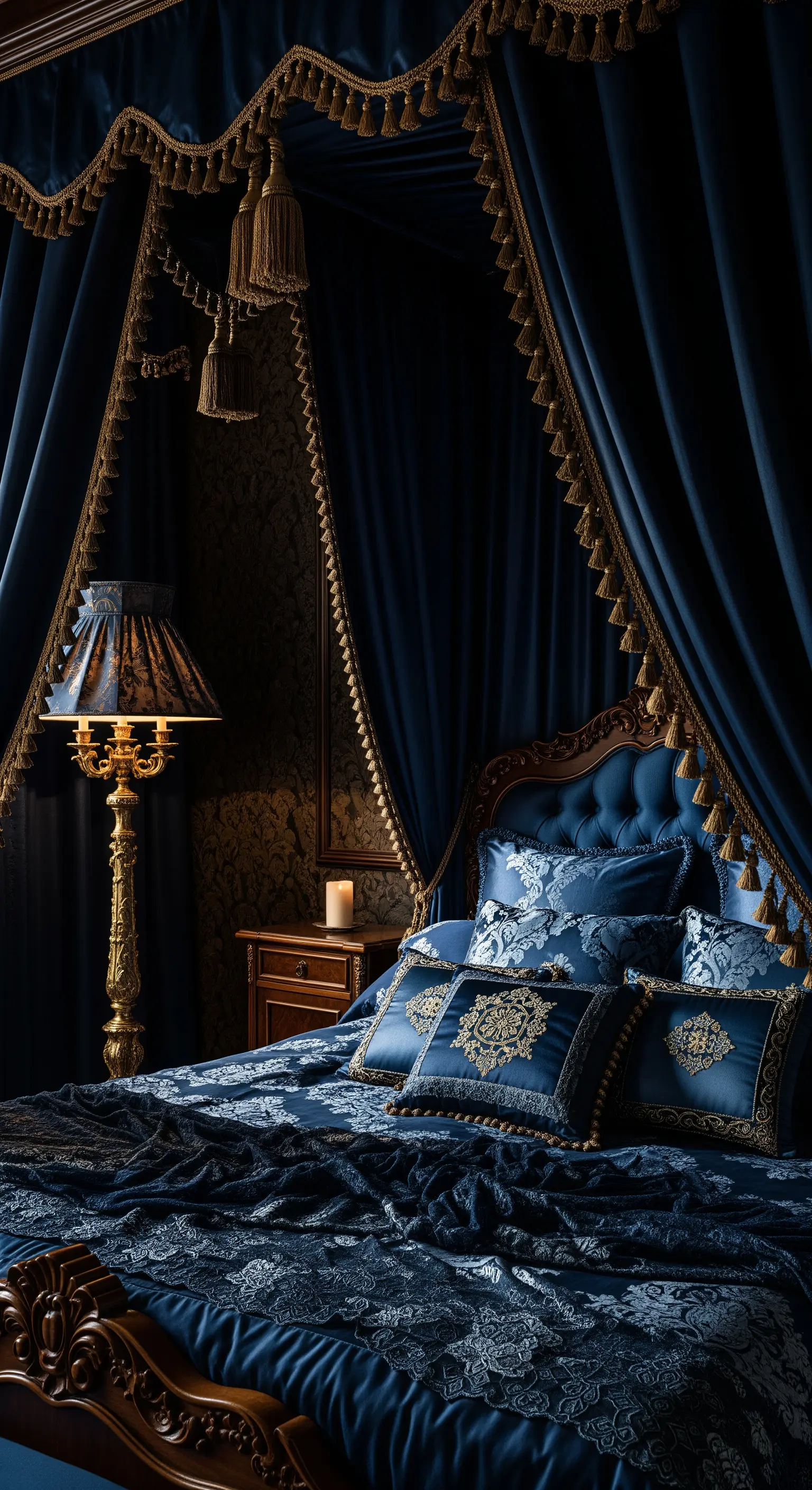 Himmelbett mit Goldquasten und Nachtblau-Samt