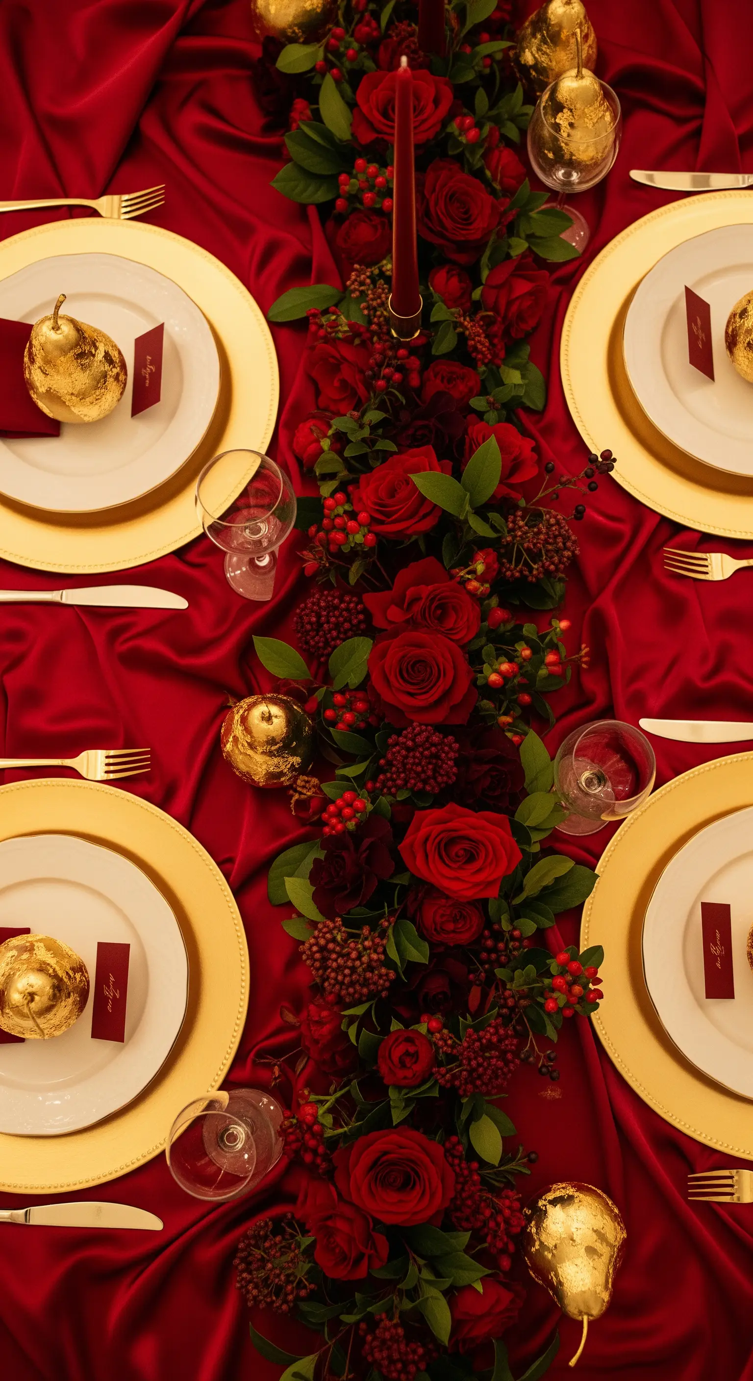 Tisch in Rot und Gold mit Rosenläufer, goldenen Früchten und Kerzen