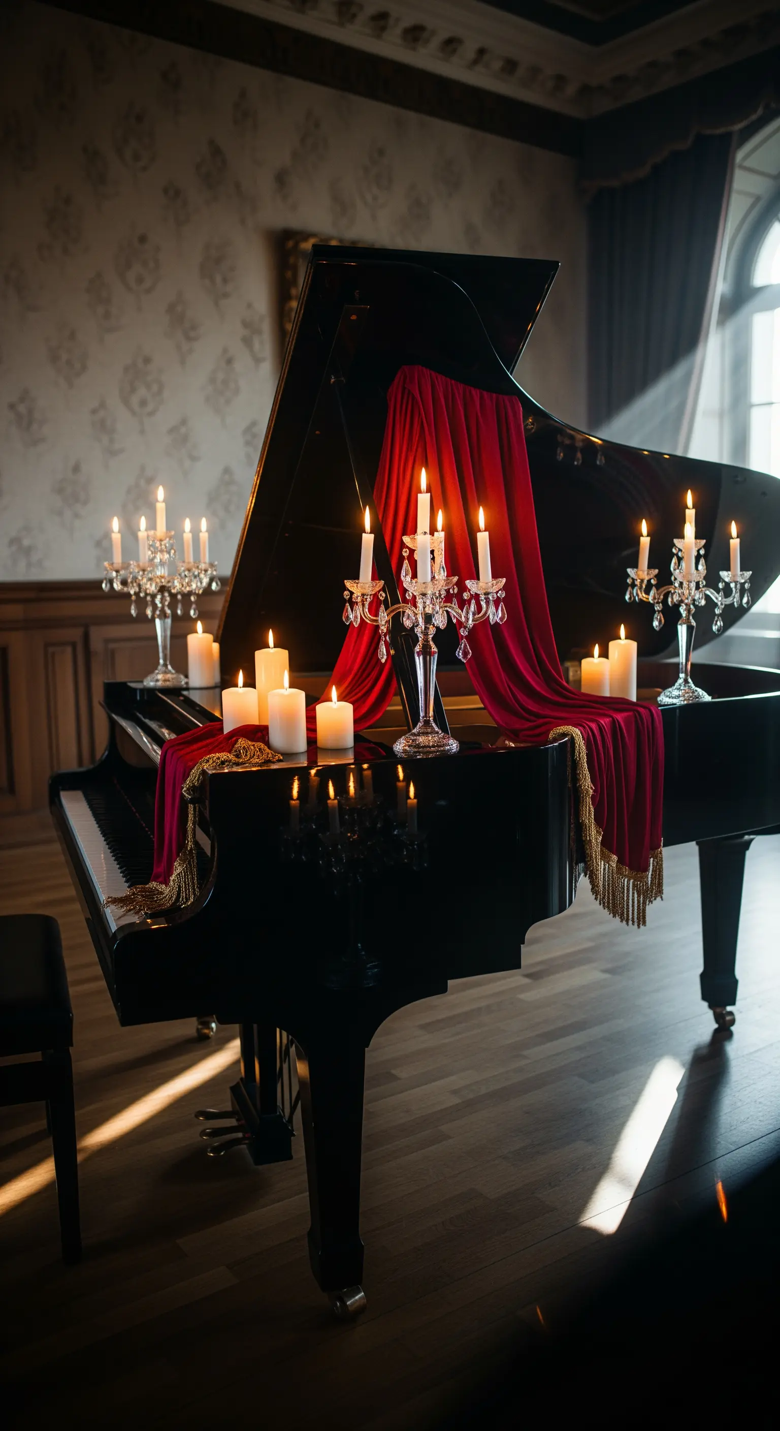Flügel mit rotem Samt, Kerzenleuchtern und Stumpenkerzen