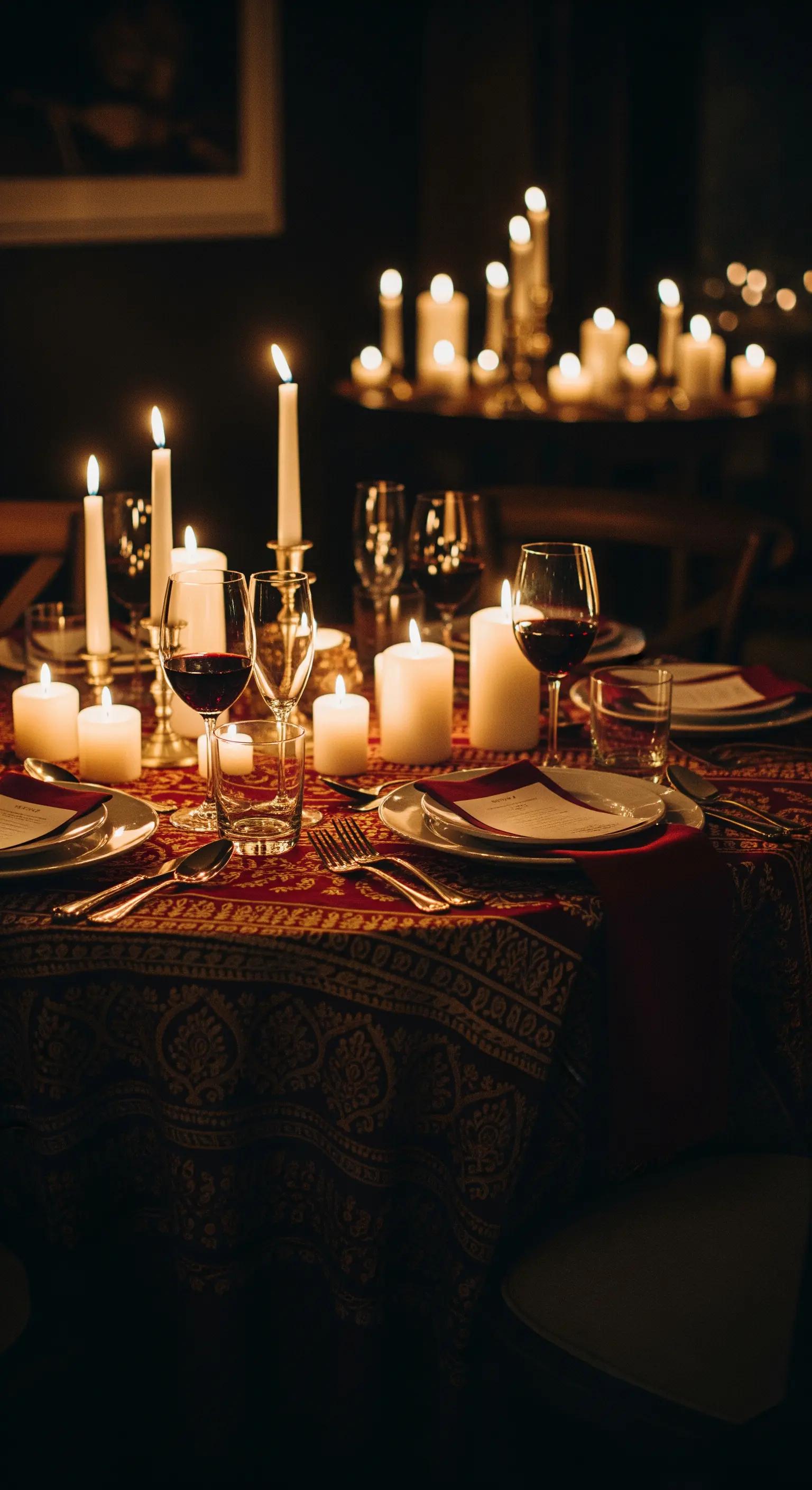 Dramatisch gedeckter Tisch mit gemusterter Decke und unzähligen brennenden Kerzen.