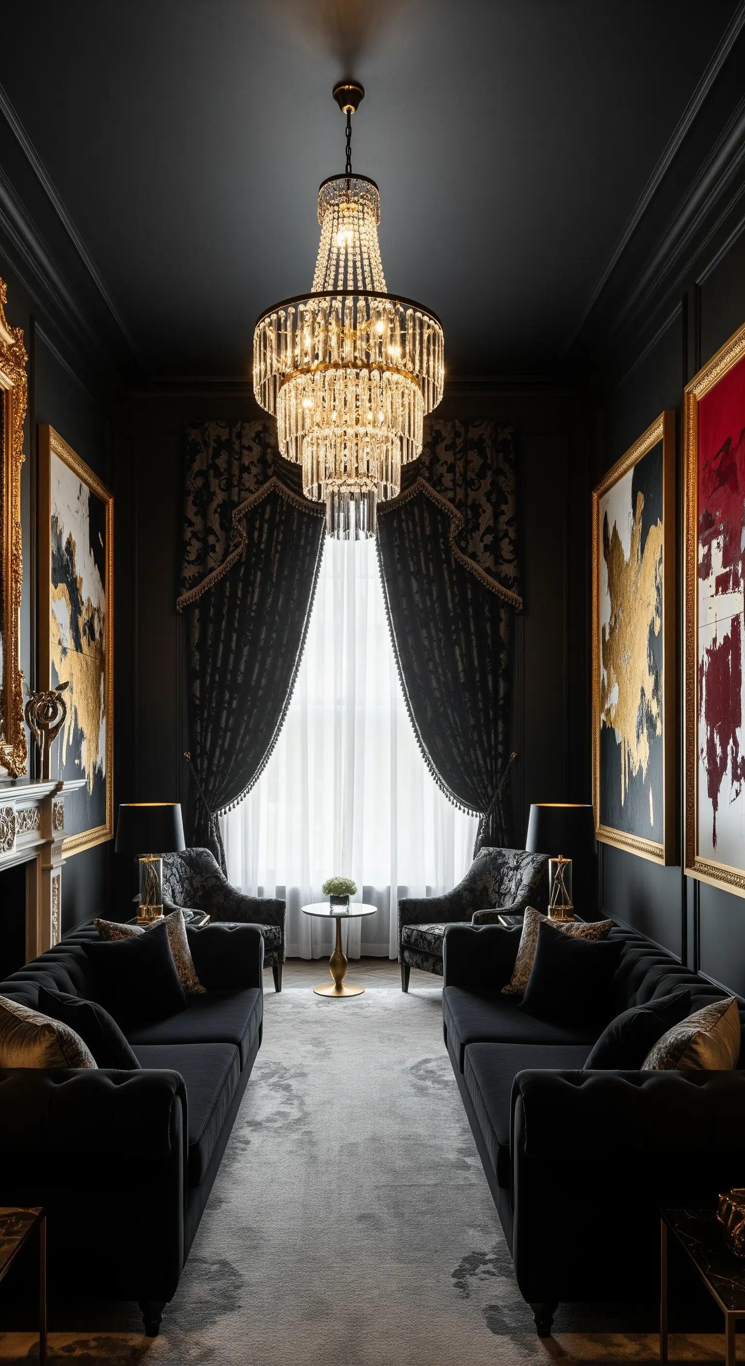 Symmetrisches Wohnzimmer mit schwarzen Sofas, Brokatvorhängen und großem Kronleuchter