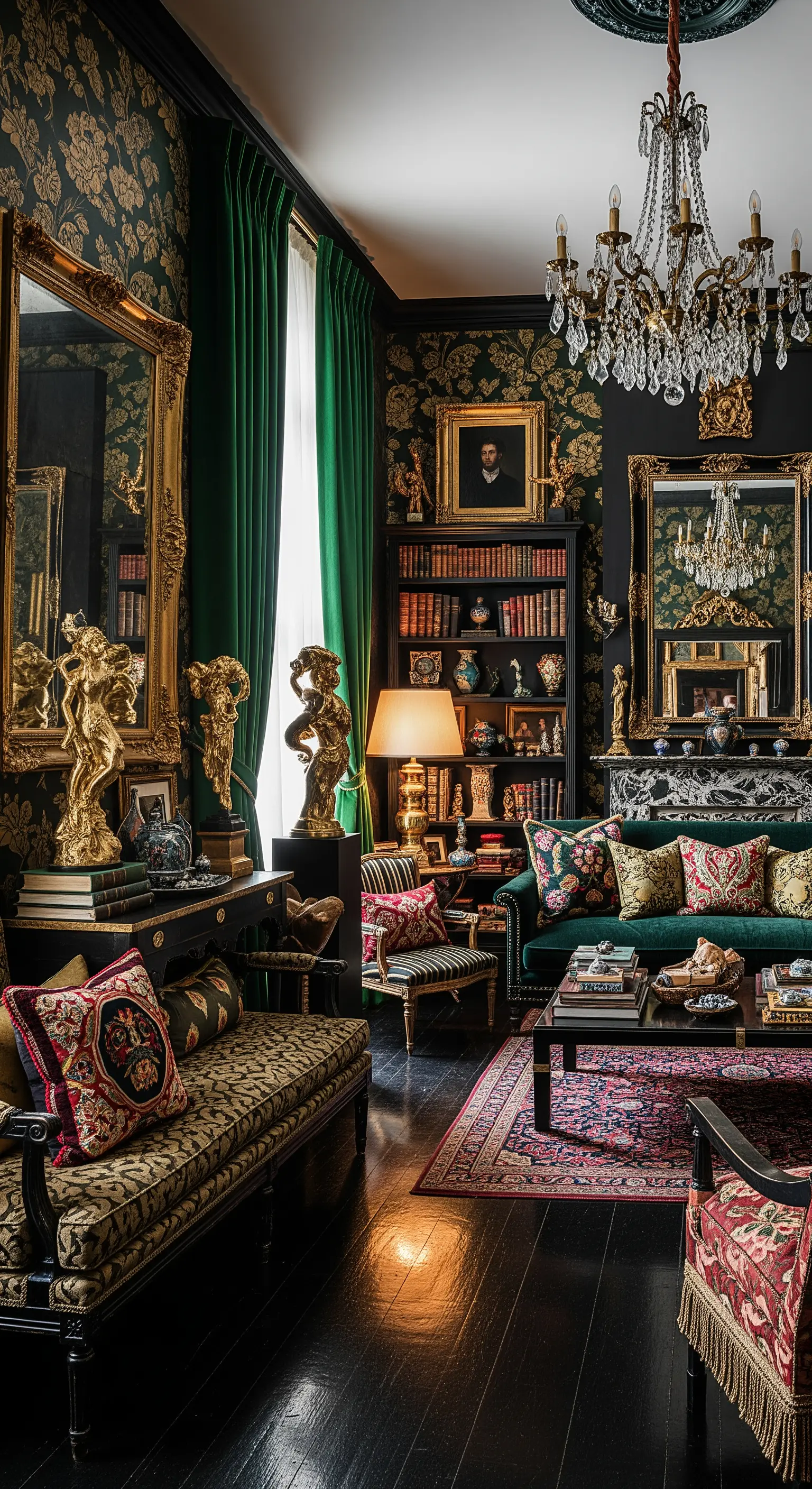 Gemusterte Tapete, grüne Samtvorhänge, Kristallleuchter, grünes Samtsofa