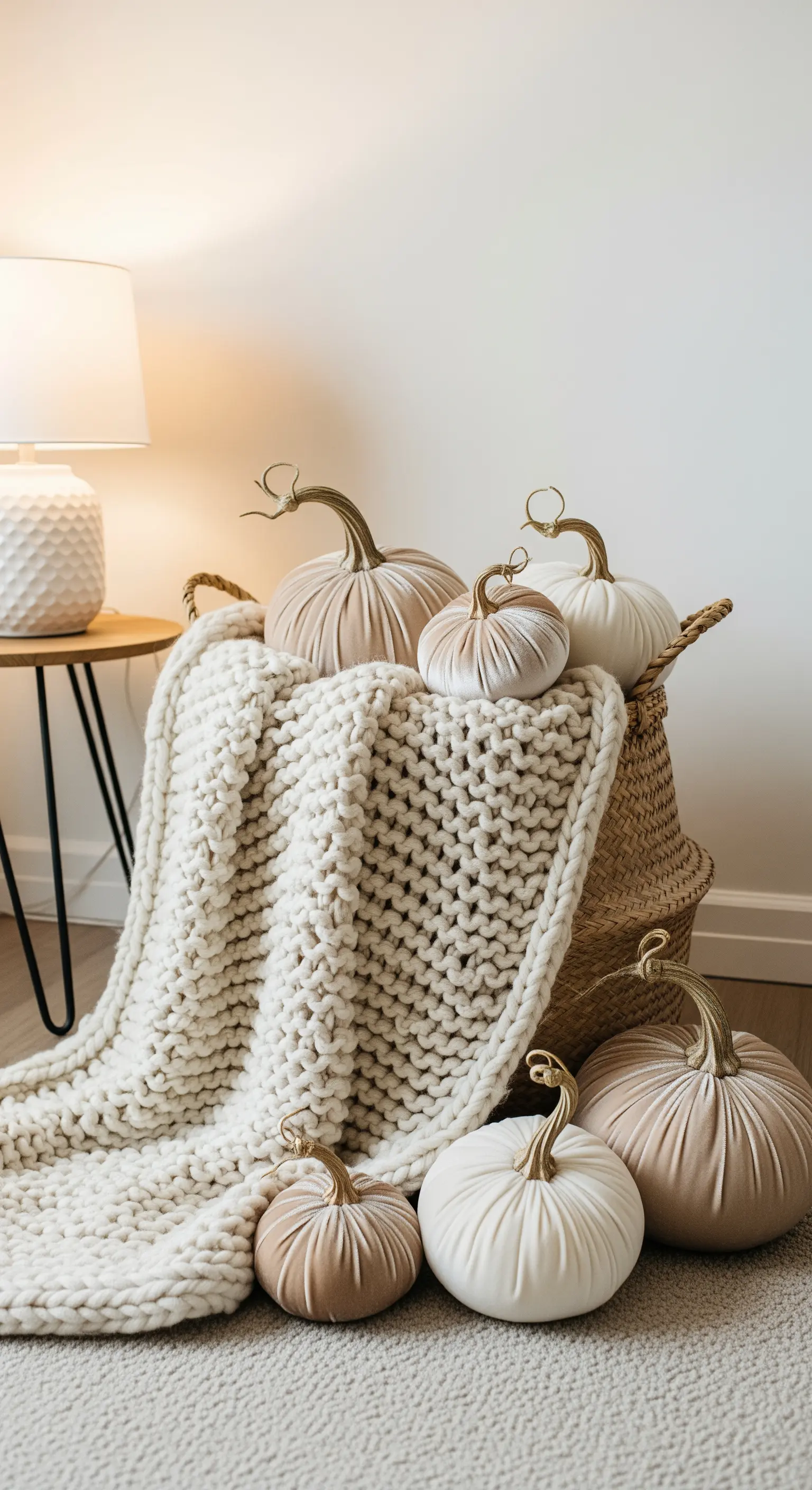 Ein großer Korb, überquellend mit einer Strickdecke und vielen Samtkürbissen.