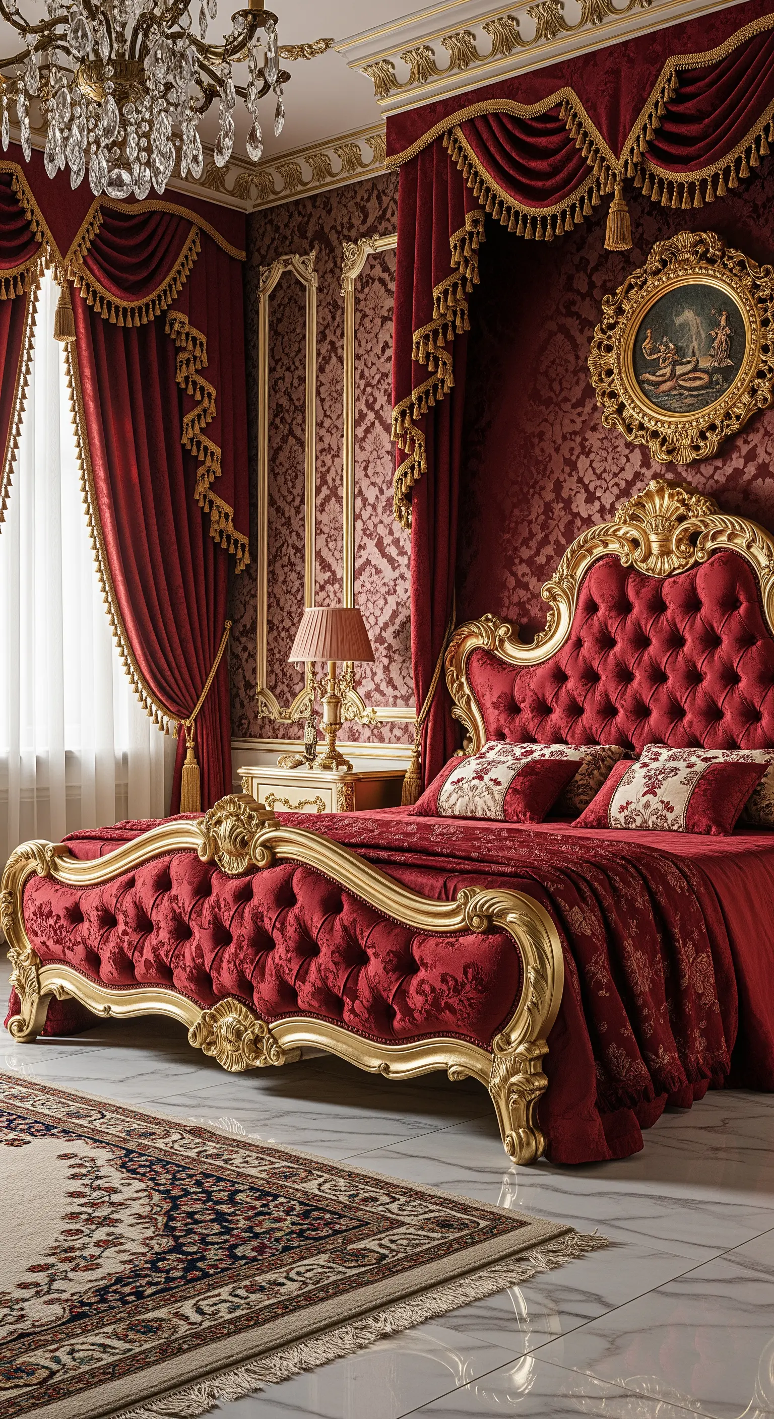 Prunkvolles Barockbett in Rot und Gold mit aufwendigen Schnitzereien